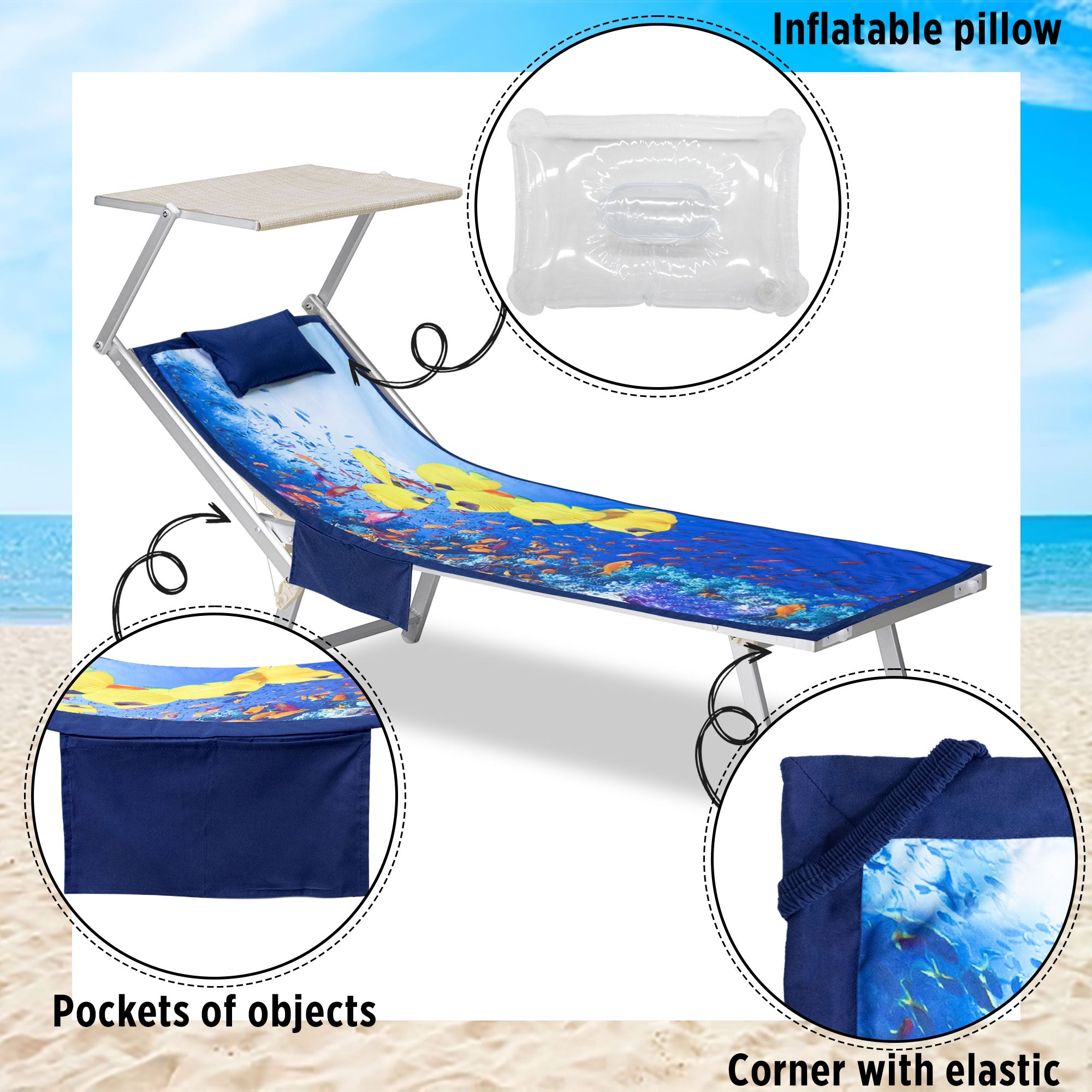 Telo mare microfibra coprilettino con elastici tasche e cuscino gonfiabile 7173