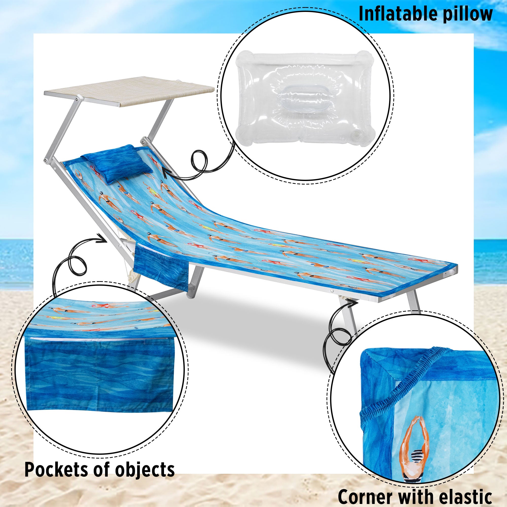 Telo mare microfibra coprilettino con elastici tasche e cuscino gonfiabile 7173