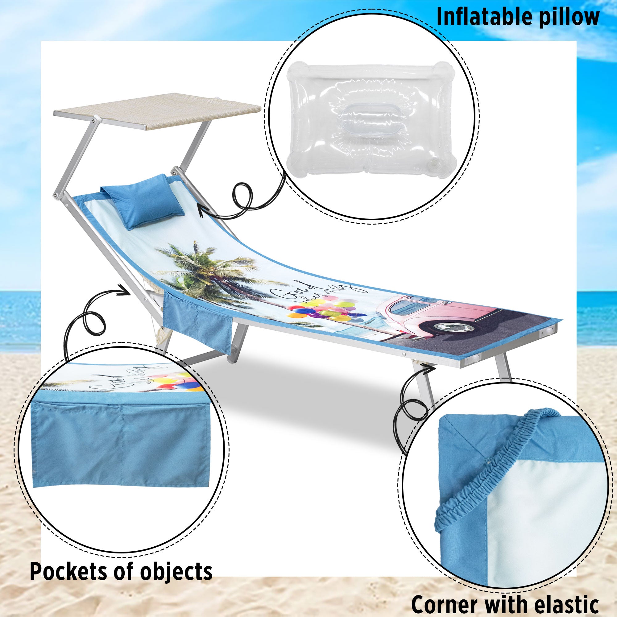 Telo mare microfibra coprilettino con elastici tasche e cuscino gonfiabile 7173