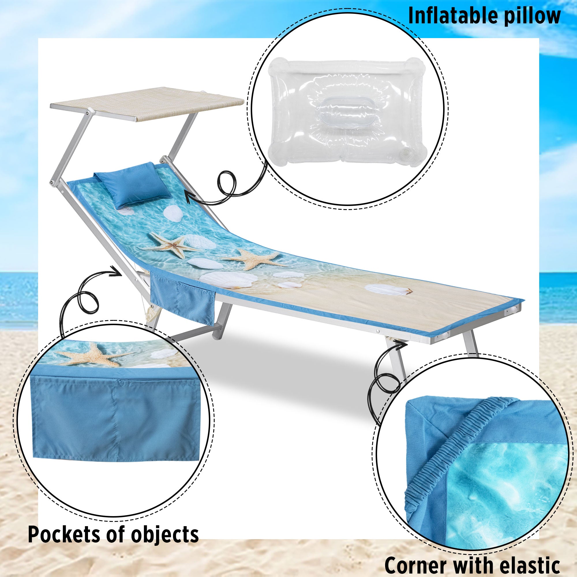 Telo mare microfibra coprilettino con elastici tasche e cuscino gonfiabile 7173