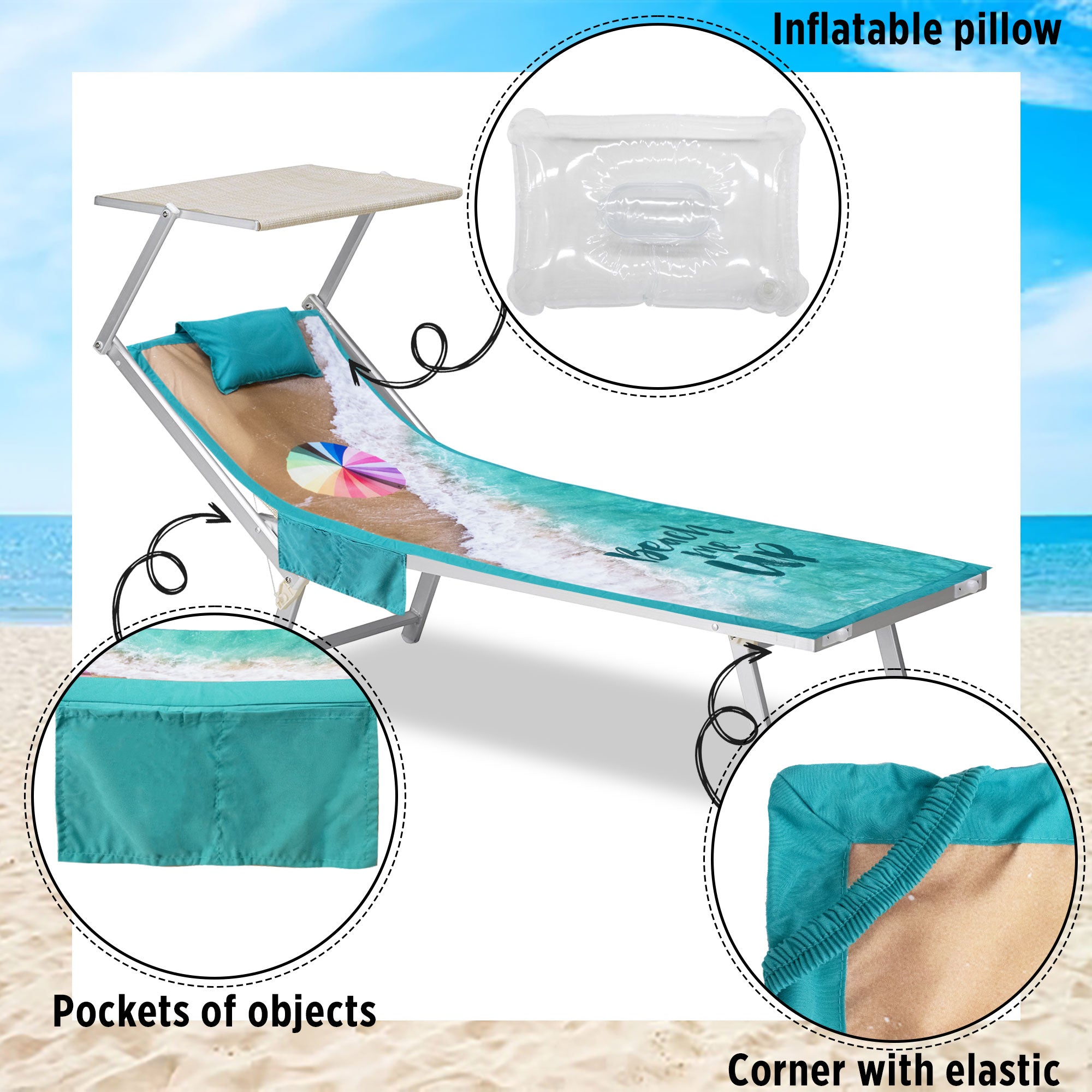 Telo mare microfibra coprilettino con elastici tasche e cuscino gonfiabile 7173