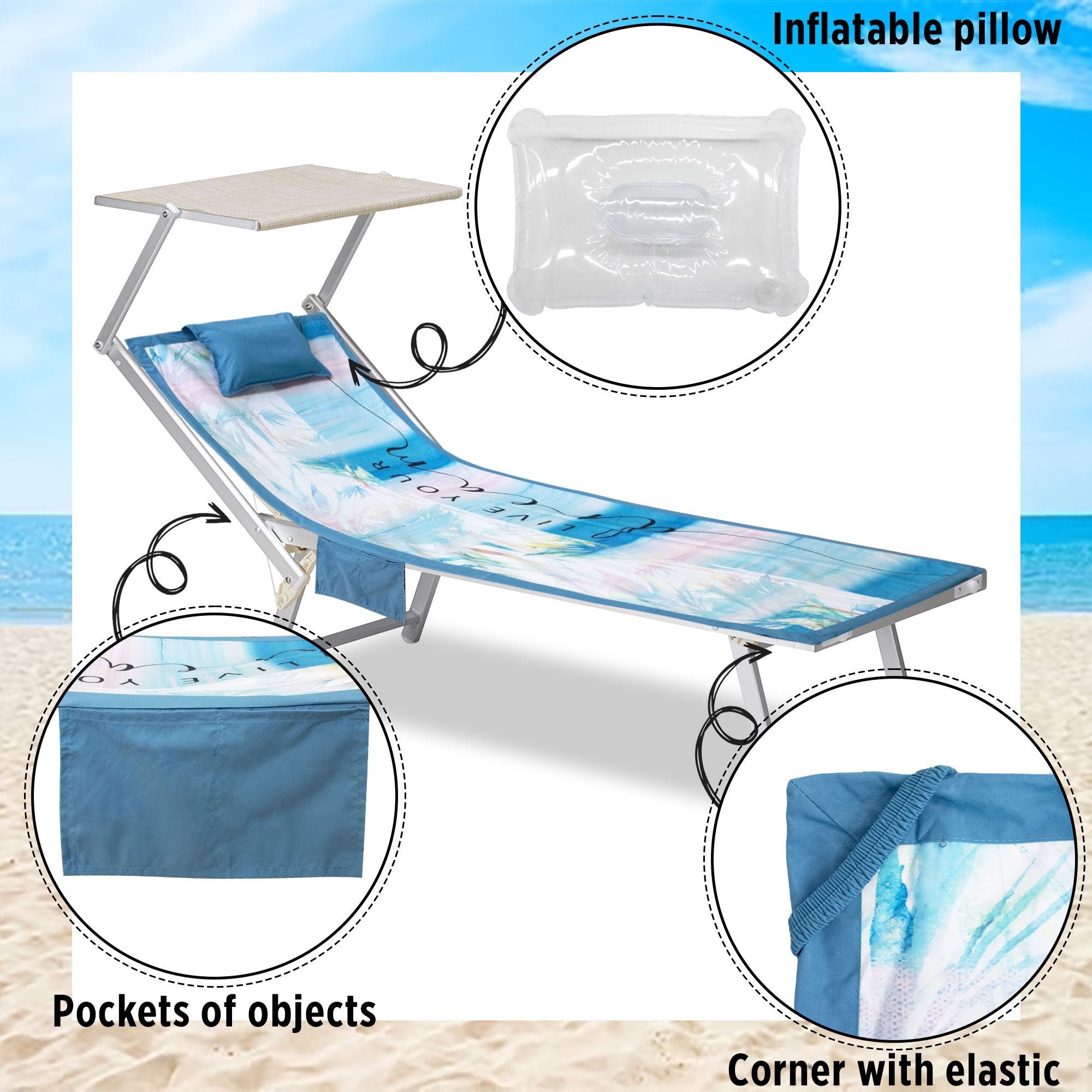 Telo mare microfibra coprilettino con elastici tasche e cuscino gonfiabile 7173