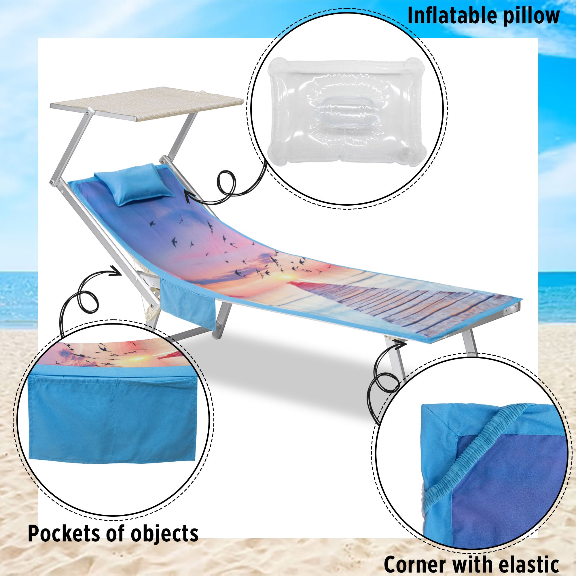 Telo mare microfibra coprilettino con elastici tasche e cuscino gonfiabile 7173