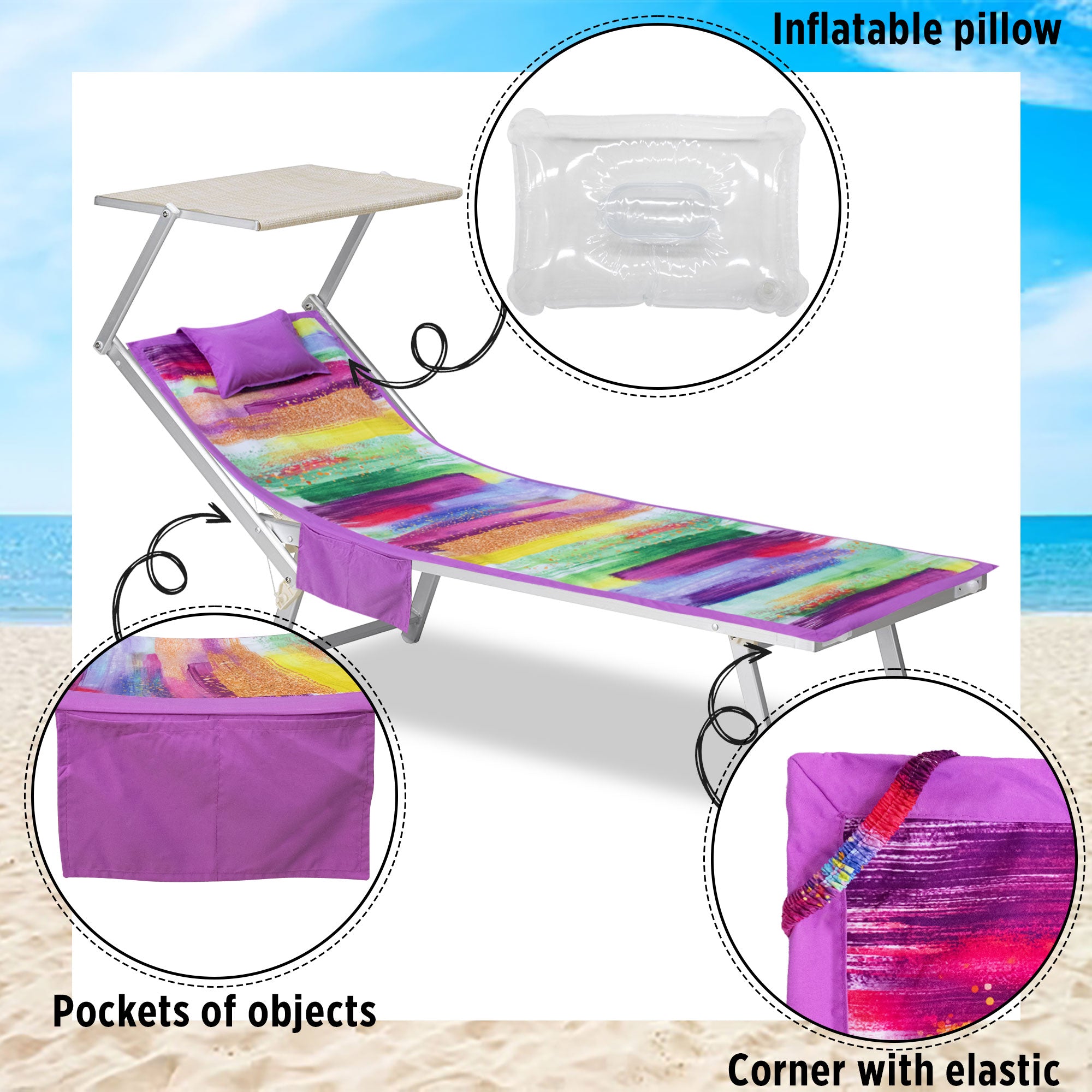 Telo mare microfibra coprilettino con elastici tasche e cuscino gonfiabile 7173