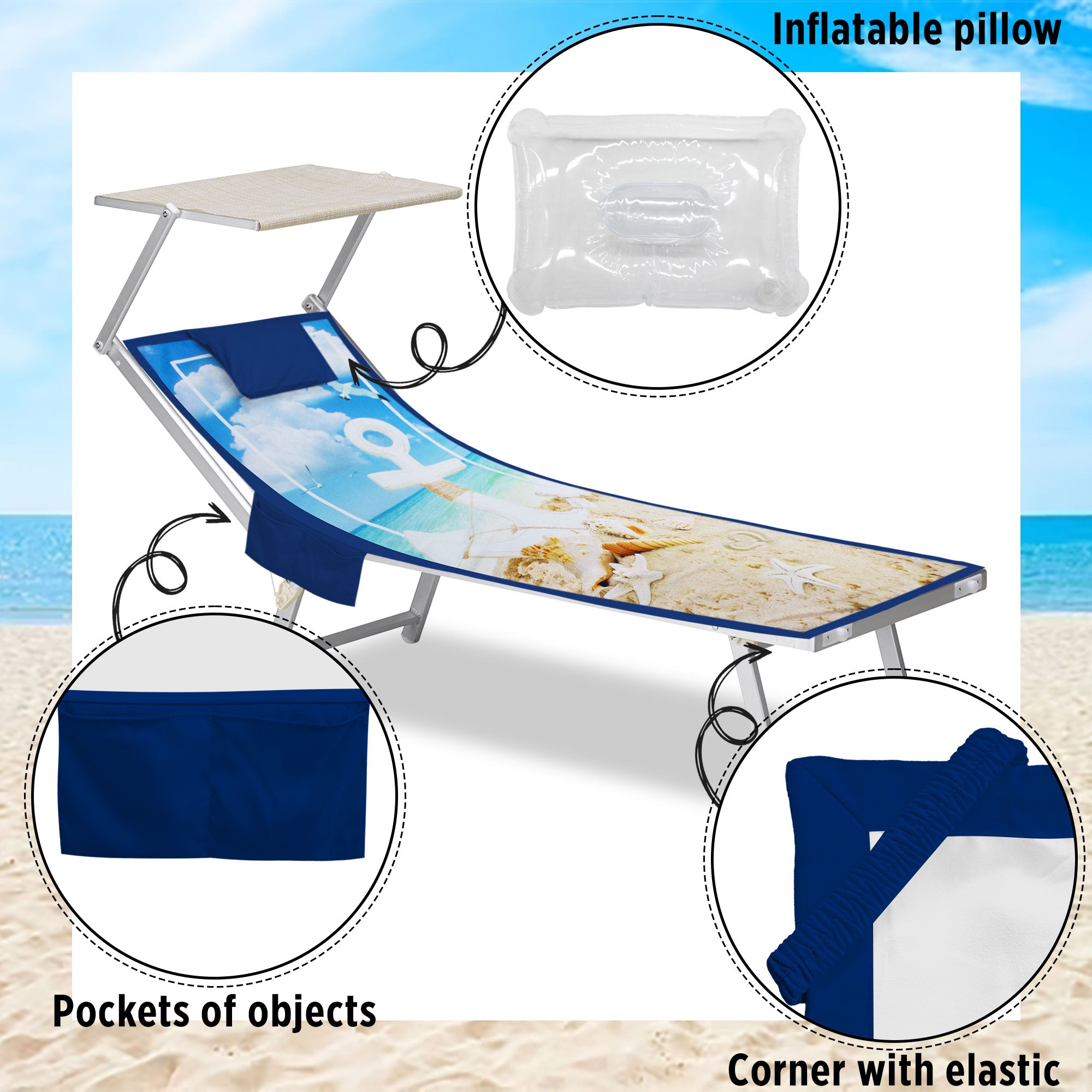 Telo mare microfibra coprilettino con elastici tasche e cuscino gonfiabile 7176