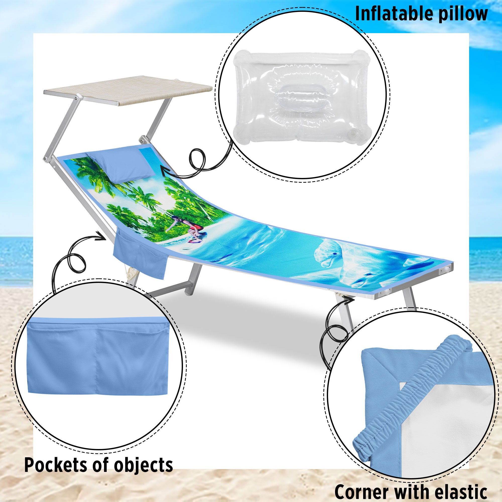 Telo mare microfibra coprilettino con elastici tasche e cuscino gonfiabile 7176