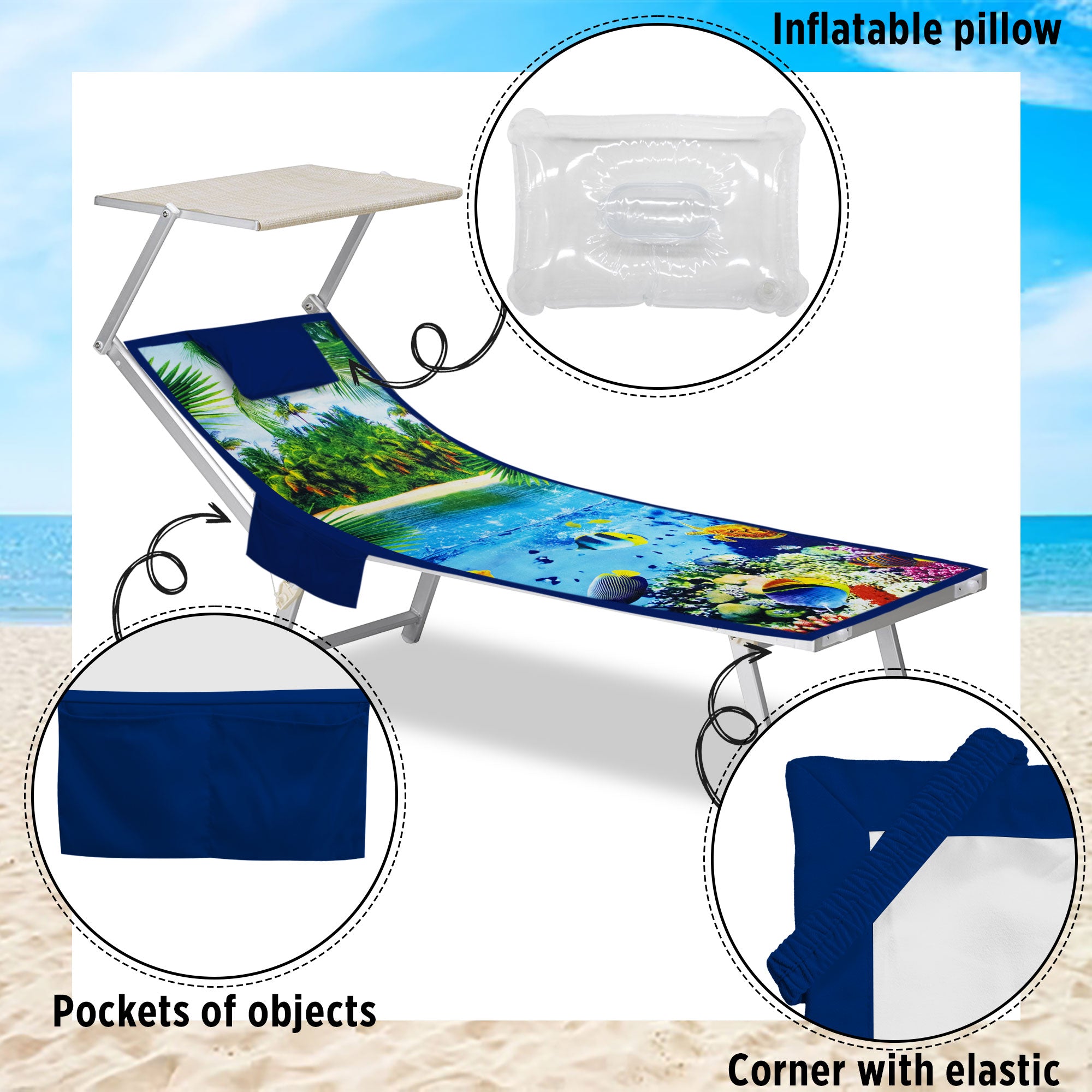 Telo mare microfibra coprilettino con elastici tasche e cuscino gonfiabile 7176
