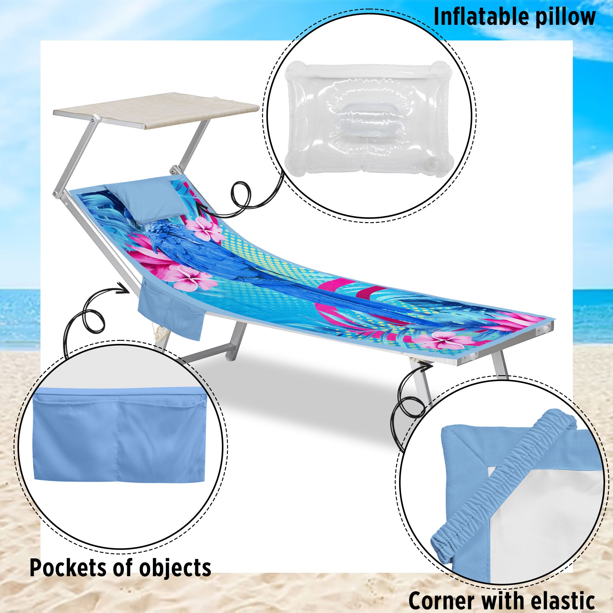 Telo mare microfibra coprilettino con elastici tasche e cuscino gonfiabile 7176