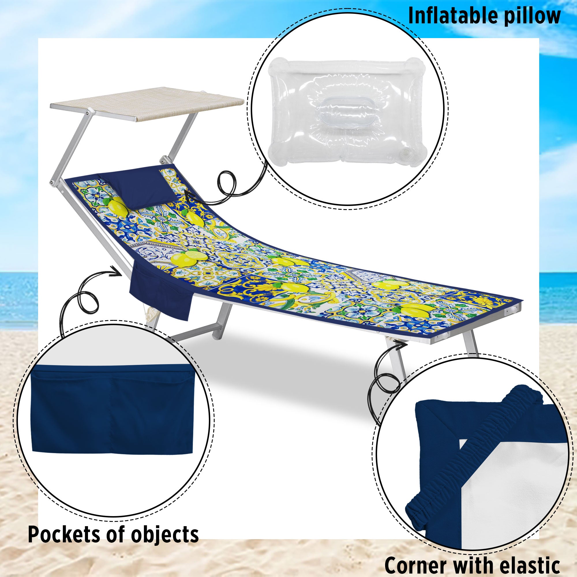 Telo mare microfibra coprilettino con elastici tasche e cuscino gonfiabile 7176