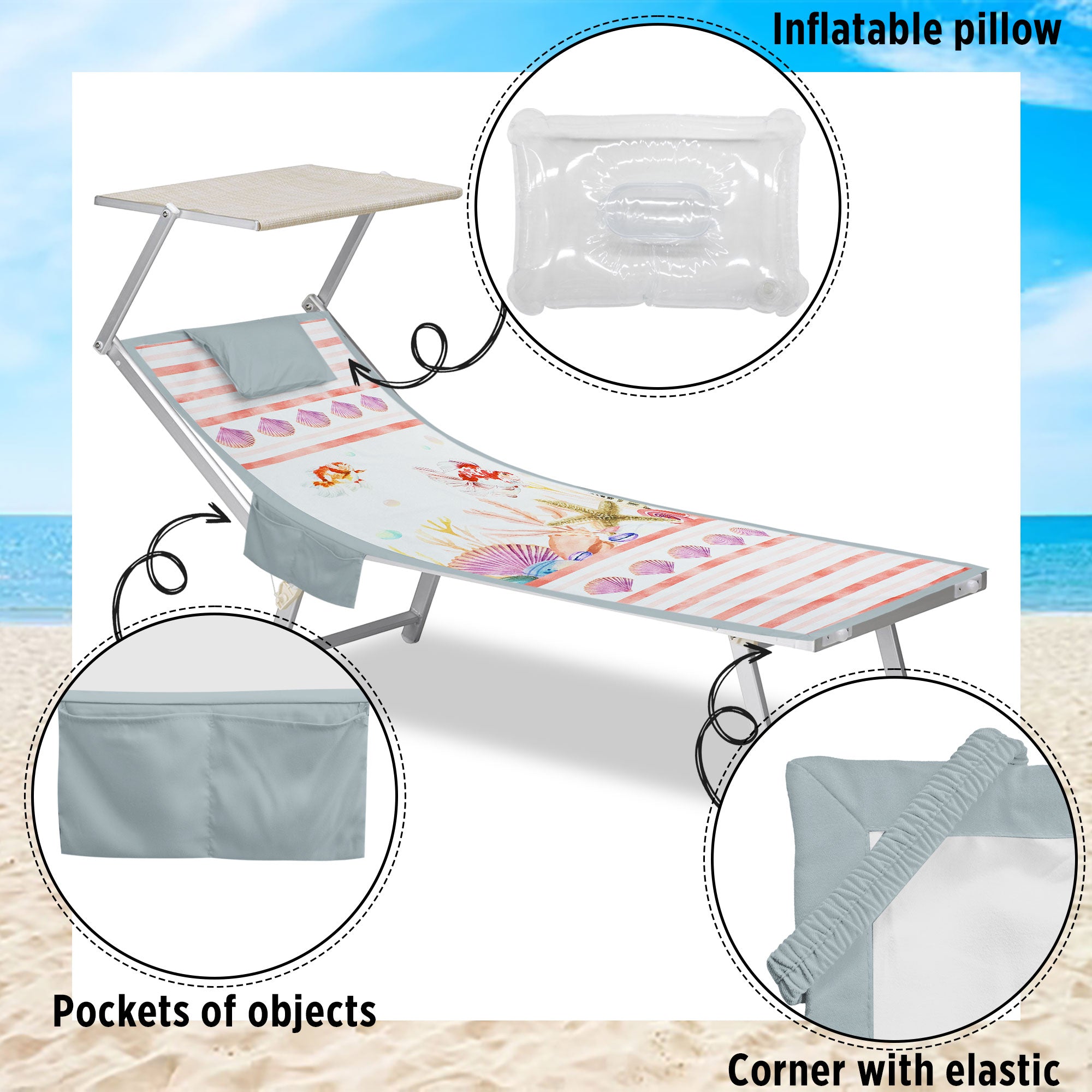 Telo mare microfibra coprilettino con elastici tasche e cuscino gonfiabile 7176