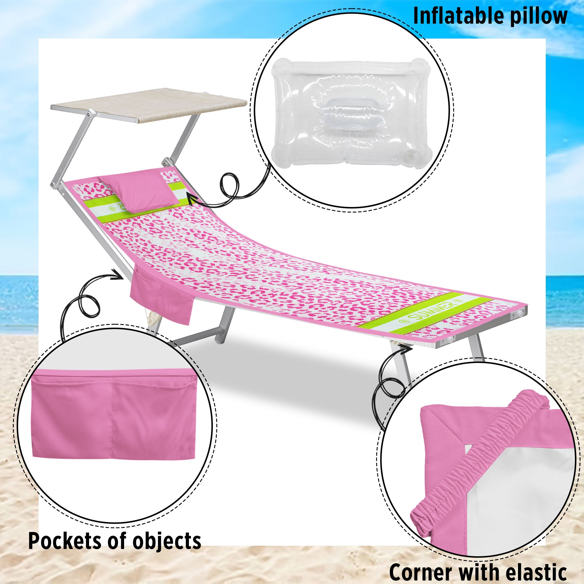 Telo mare microfibra coprilettino con elastici tasche e cuscino gonfiabile 7176