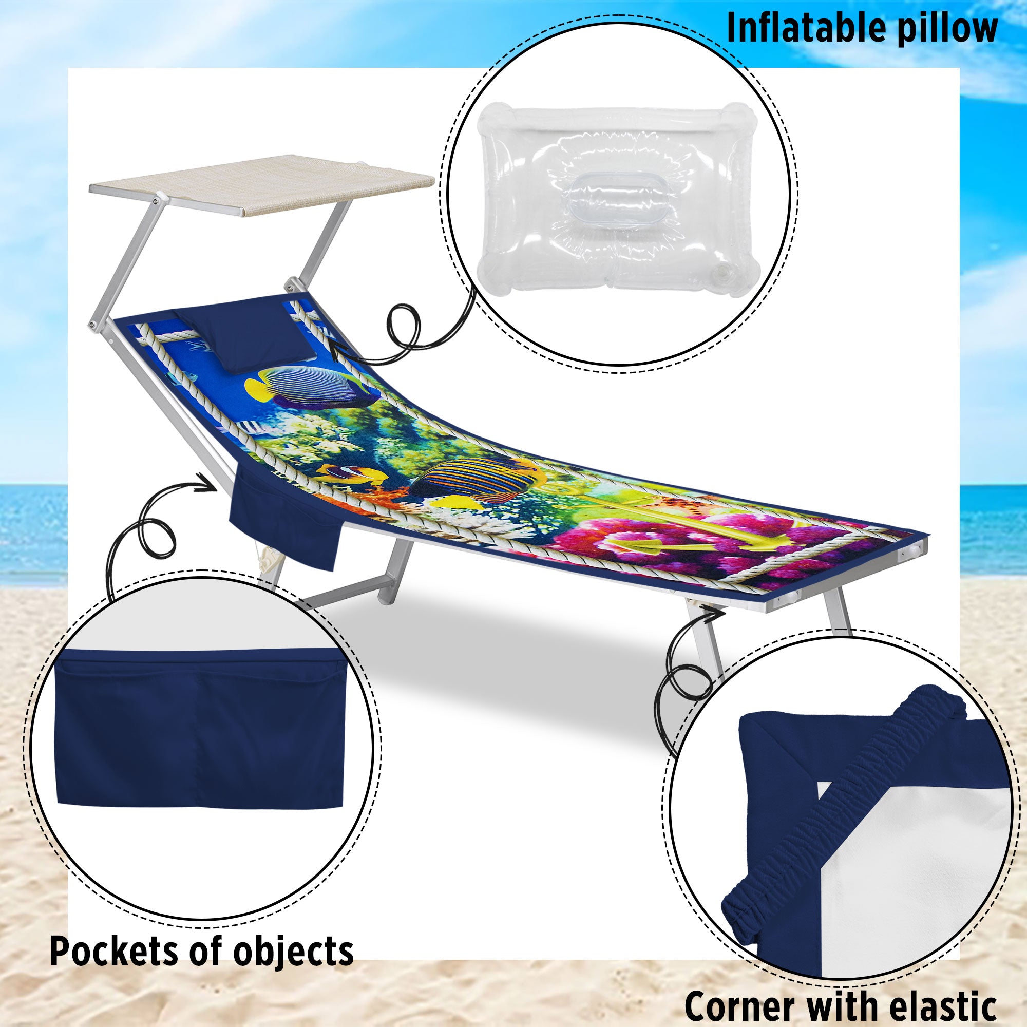 Telo mare microfibra coprilettino con elastici tasche e cuscino gonfiabile 7176