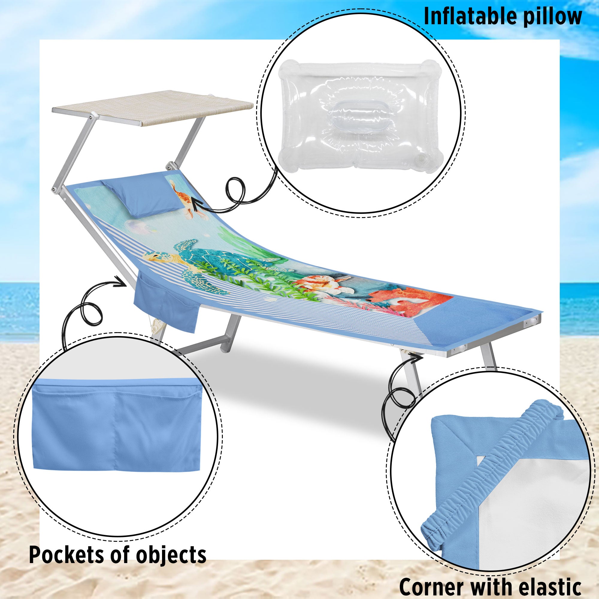 Telo mare microfibra coprilettino con elastici tasche e cuscino gonfiabile 7176