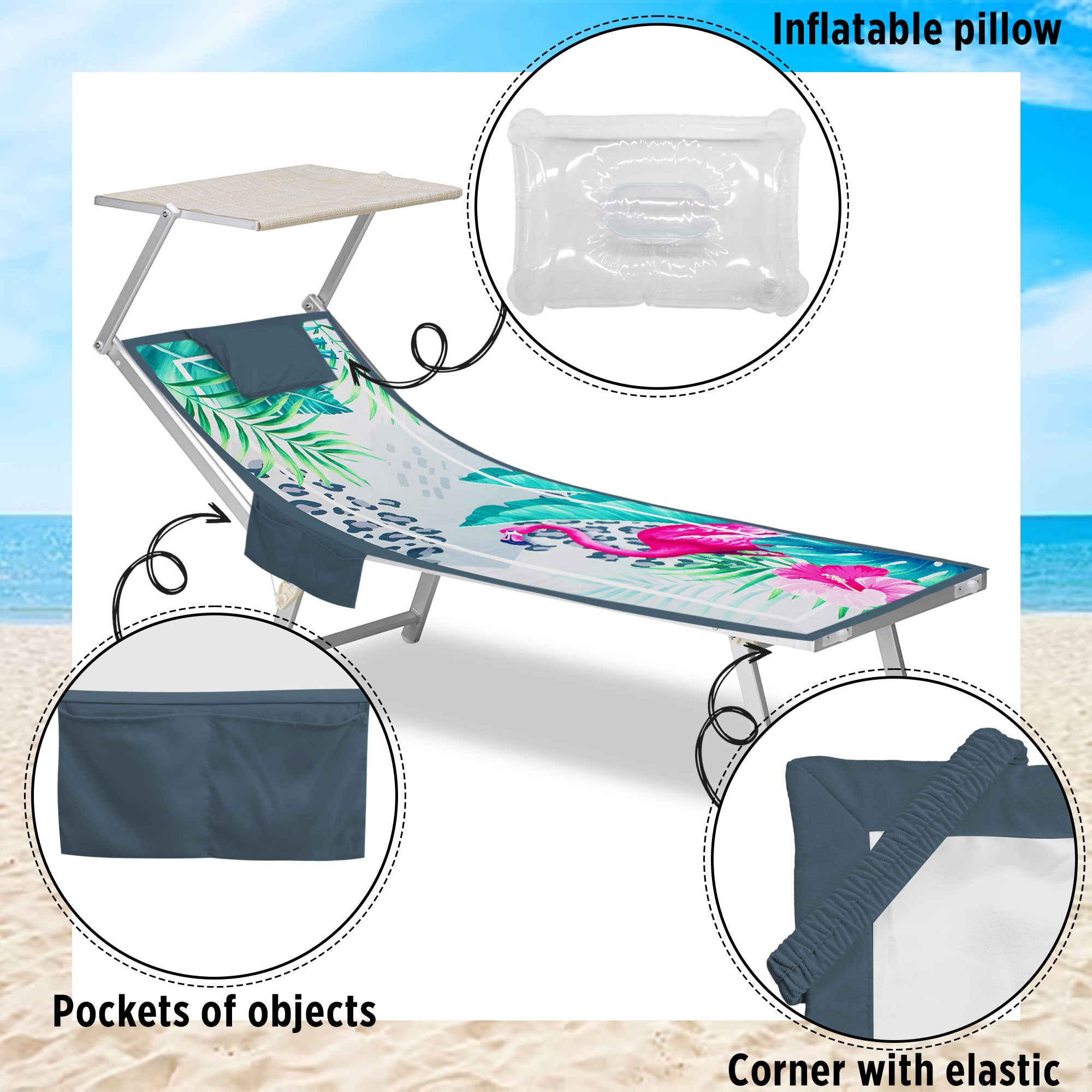 Telo mare microfibra coprilettino con elastici tasche e cuscino gonfiabile 7176