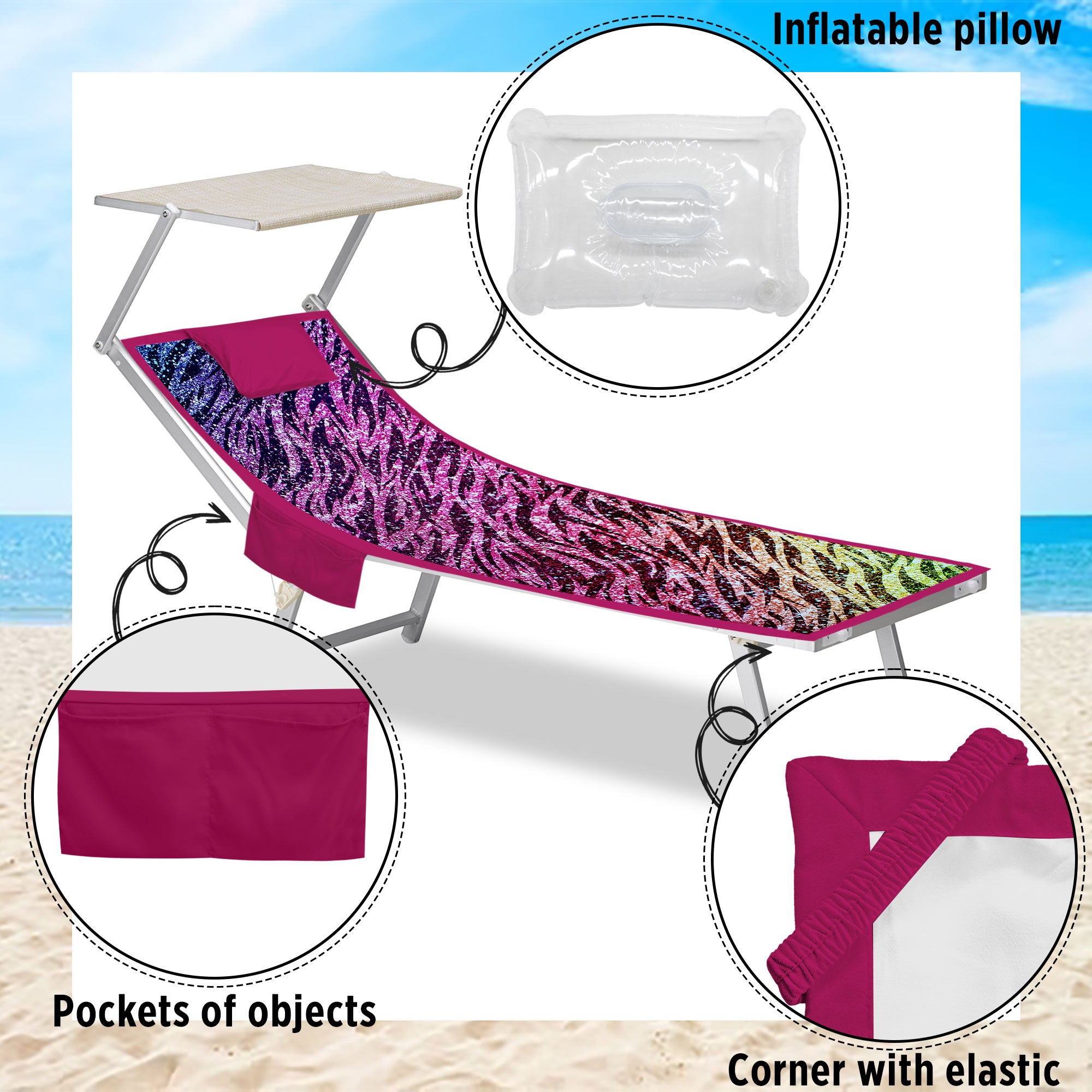 Telo mare microfibra coprilettino con elastici tasche e cuscino gonfiabile 7176