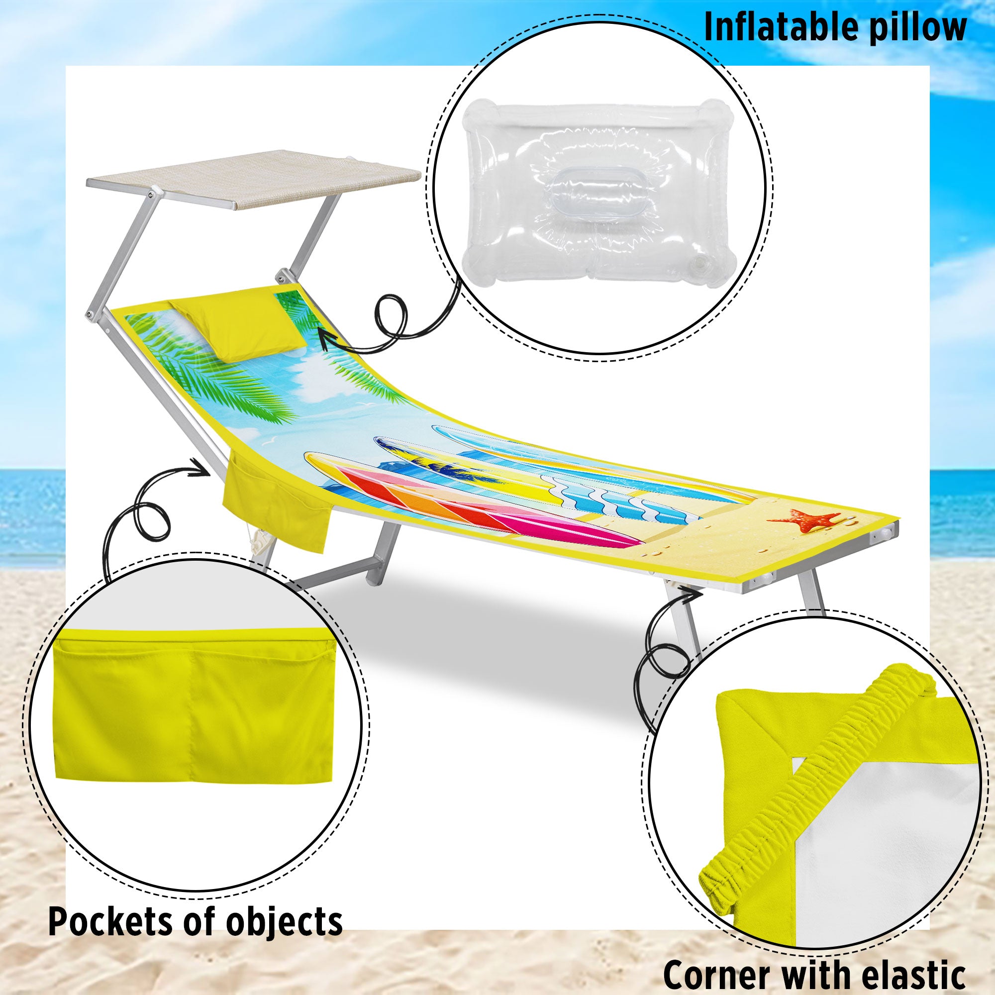 Telo mare microfibra coprilettino con elastici tasche e cuscino gonfiabile 7176
