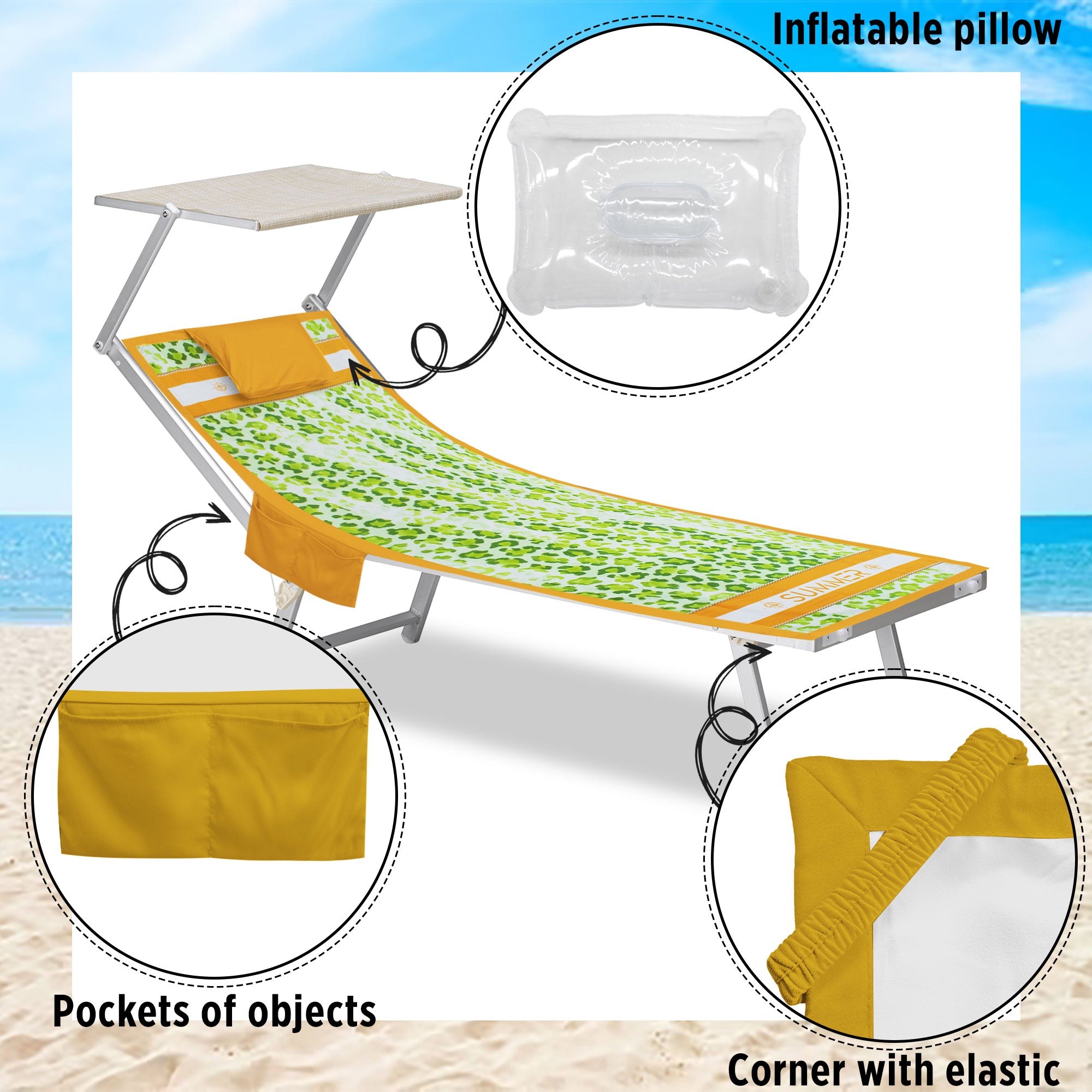 Telo mare microfibra coprilettino con elastici tasche e cuscino gonfiabile 7176