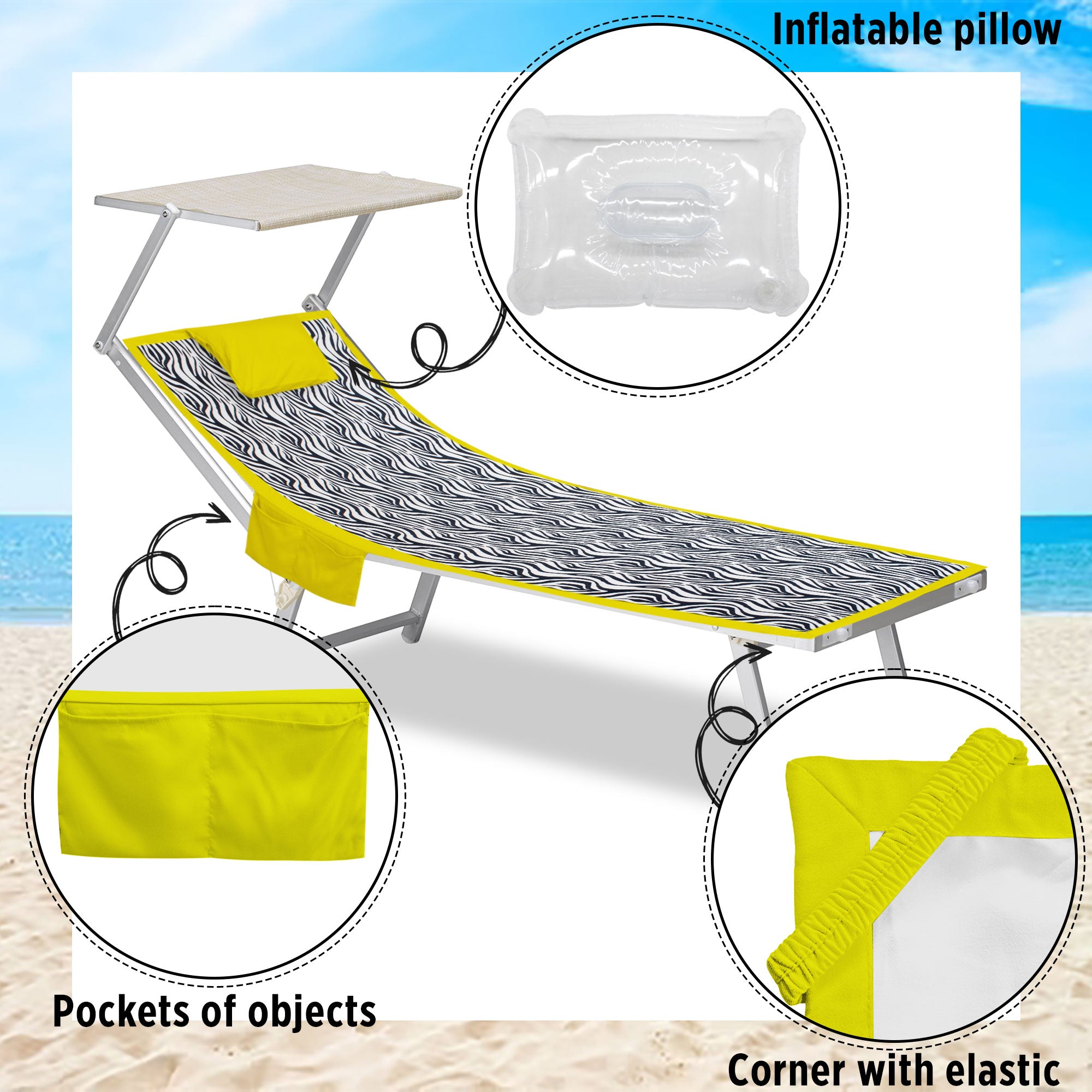 Telo mare microfibra coprilettino con elastici tasche e cuscino gonfiabile 7176