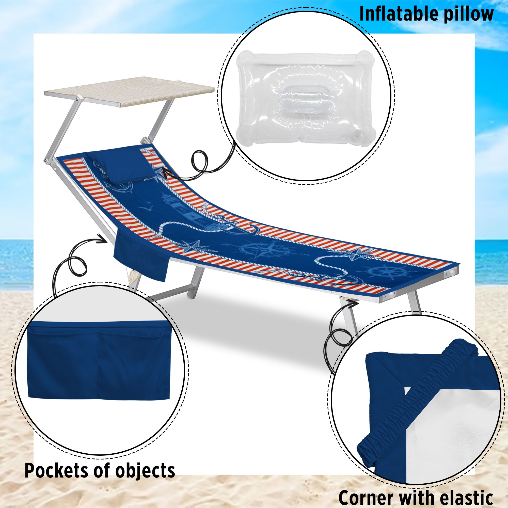Telo mare microfibra coprilettino con elastici tasche e cuscino gonfiabile 7176