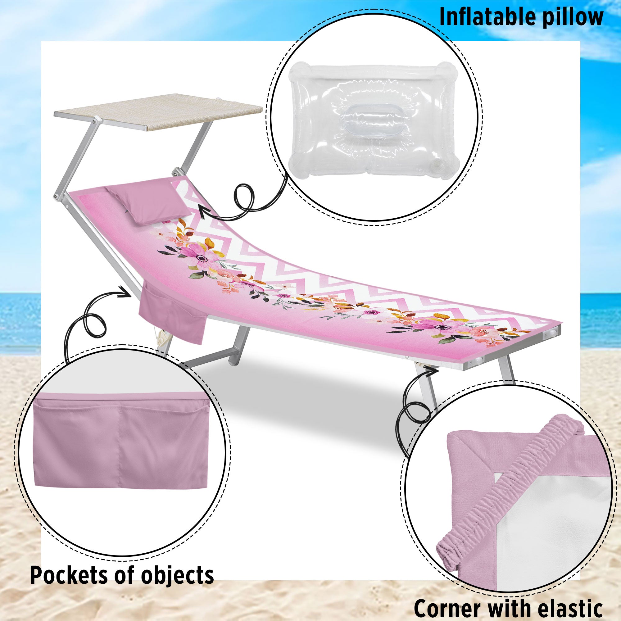 Telo mare microfibra coprilettino con elastici tasche e cuscino gonfiabile 7176