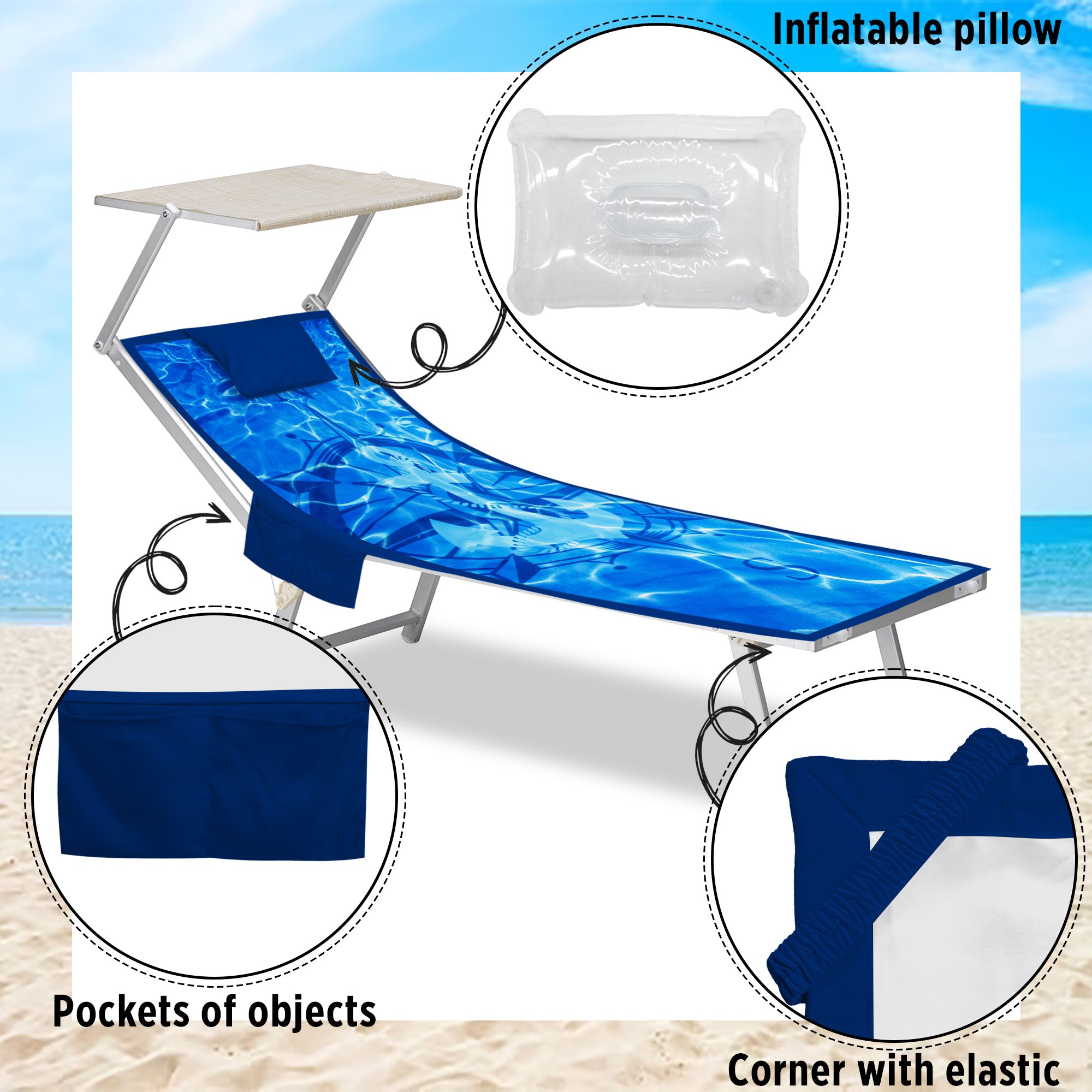Telo mare microfibra coprilettino con elastici tasche e cuscino gonfiabile 7176