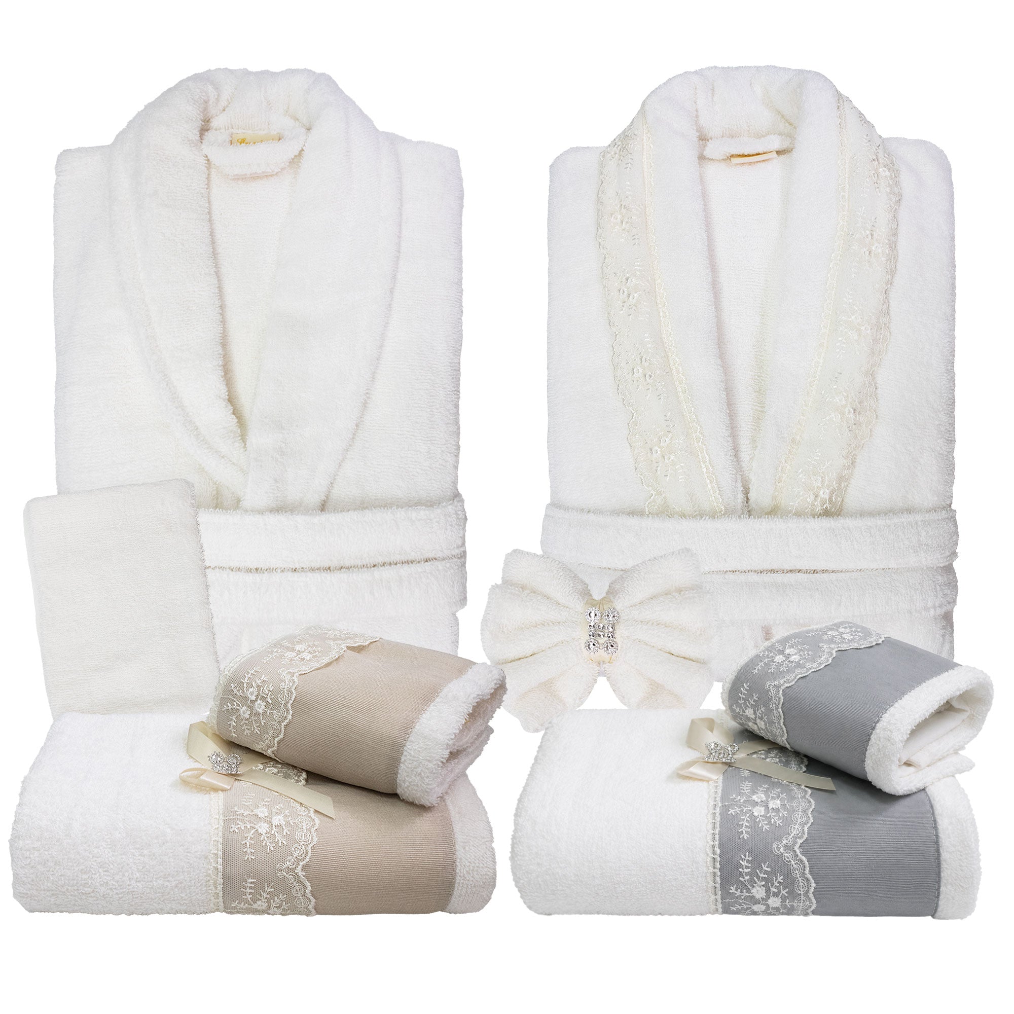 Completo bagno asciugamani accappatoi set uomo donna spugna cotone e pizzo 7178