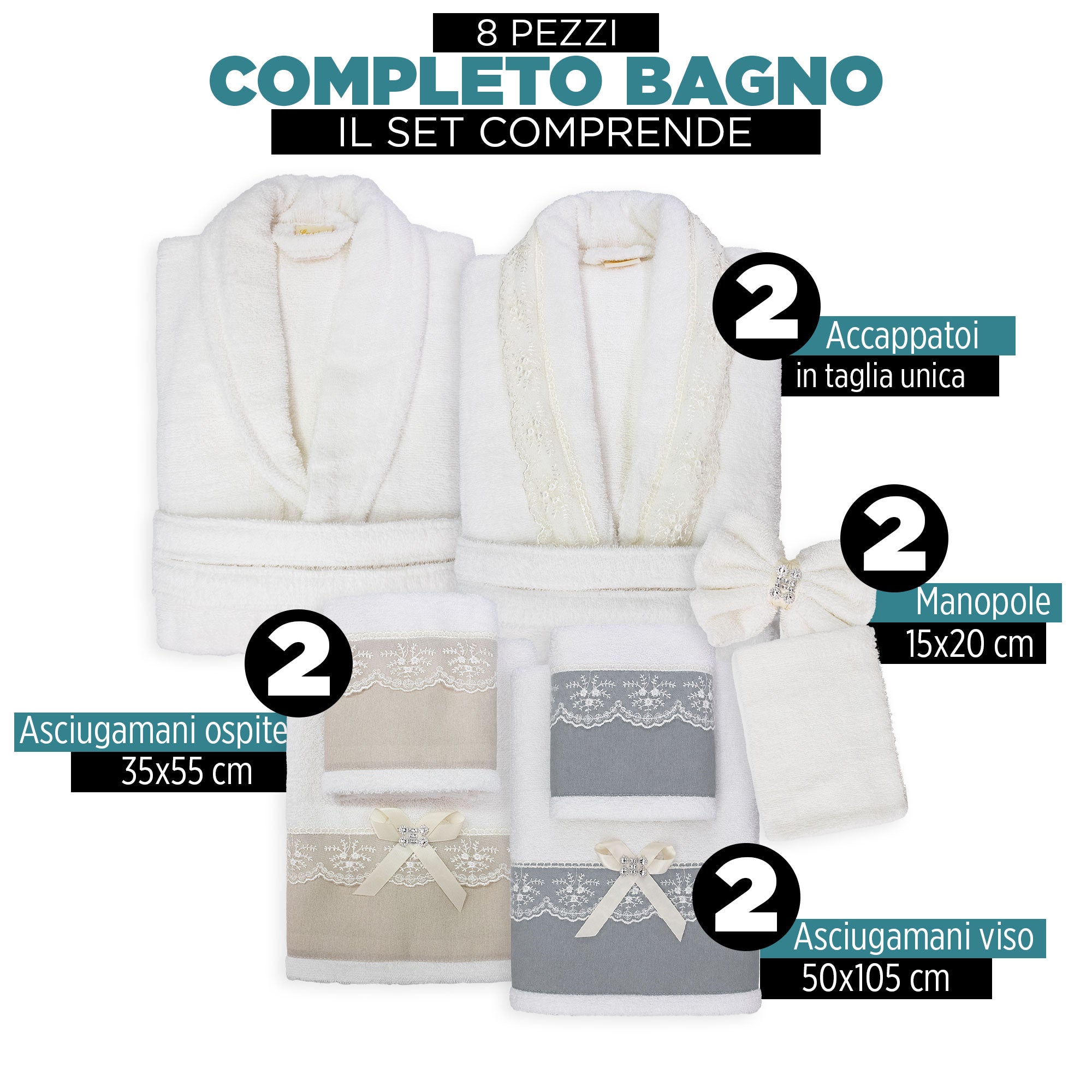 Completo bagno asciugamani accappatoi set uomo donna spugna cotone e pizzo 7178