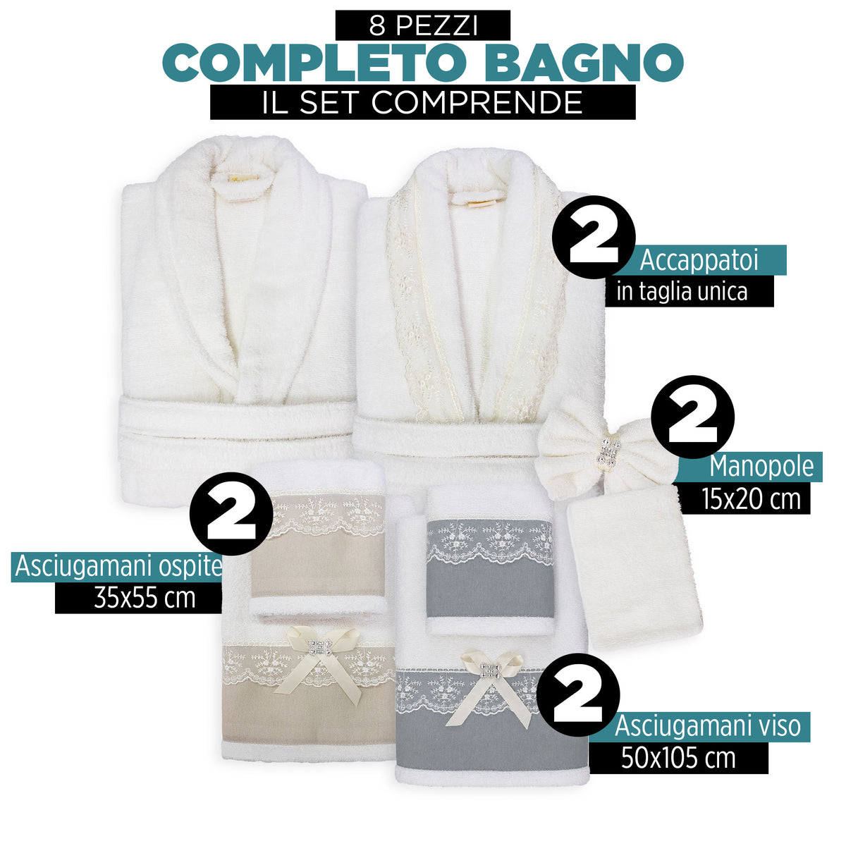 Completo bagno asciugamani accappatoi set uomo donna spugna cotone e pizzo 7178
