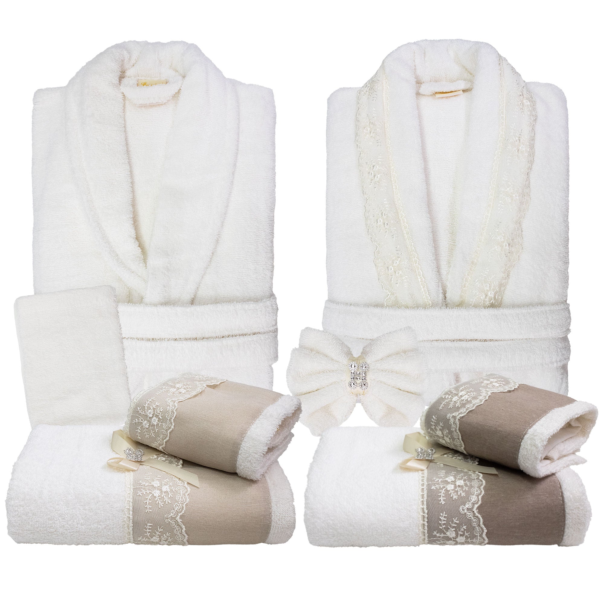 Completo bagno asciugamani accappatoi set uomo donna spugna cotone e pizzo 7178