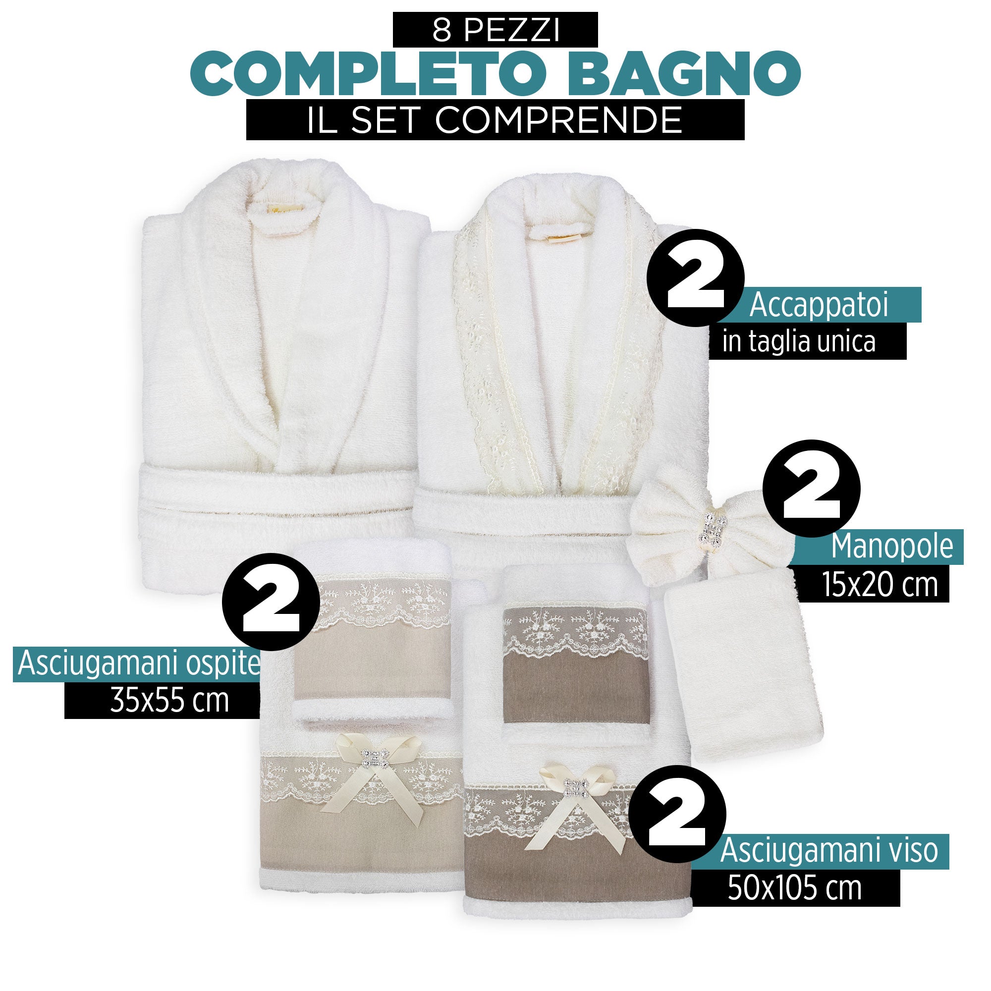 Completo bagno asciugamani accappatoi set uomo donna spugna cotone e pizzo 7178