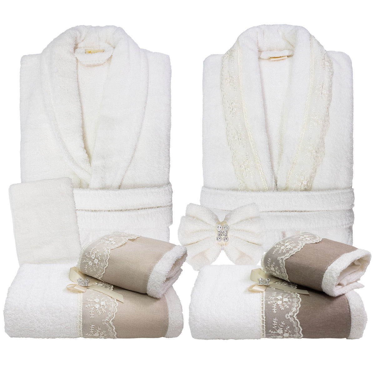 Completo bagno asciugamani accappatoi set uomo donna spugna cotone e pizzo 7178
