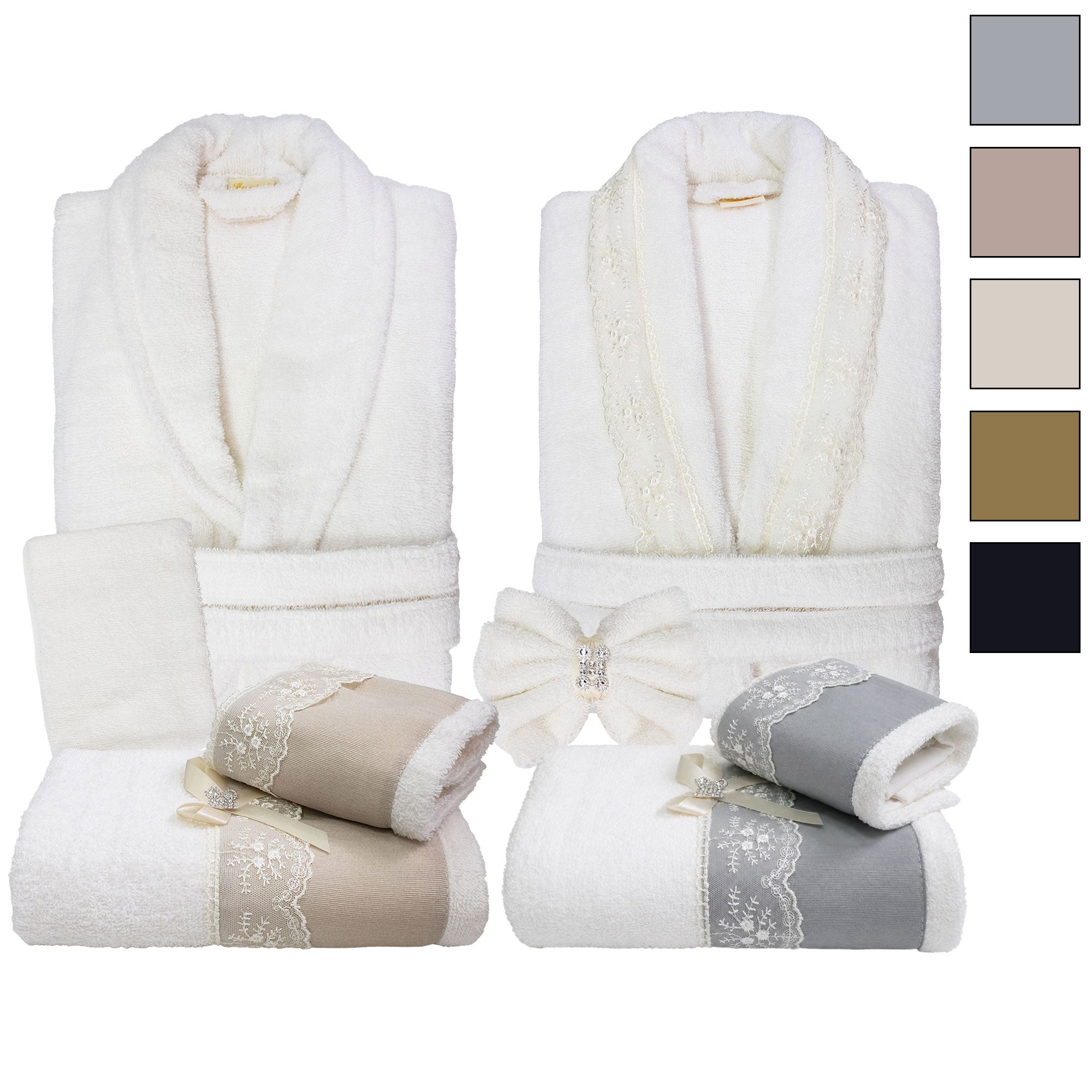 Completo bagno asciugamani accappatoi set uomo donna spugna cotone e pizzo 7178