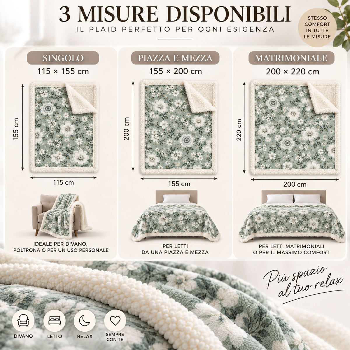 Plaid Flanella con Sherpa Coperta Tinta Unita e Fantasia in varie misure 7180