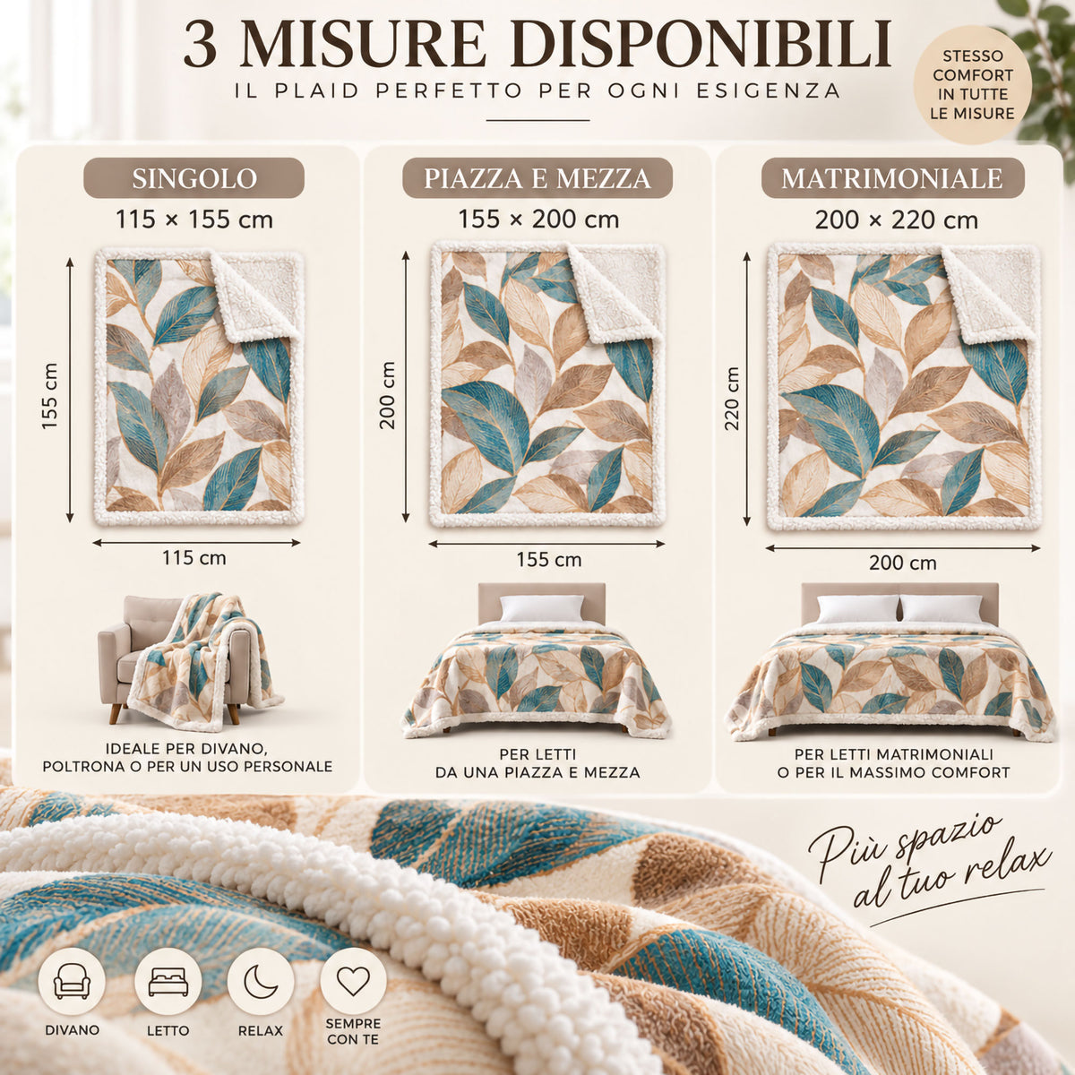 Plaid Flanella con Sherpa Coperta Tinta Unita e Fantasia in varie misure 7180