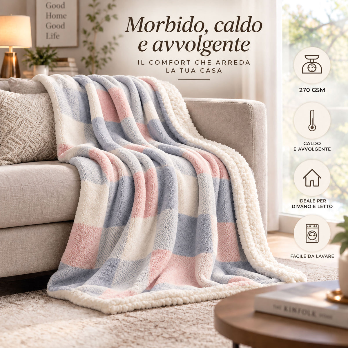 Plaid Flanella con Sherpa Coperta Tinta Unita e Fantasia in varie misure 7180