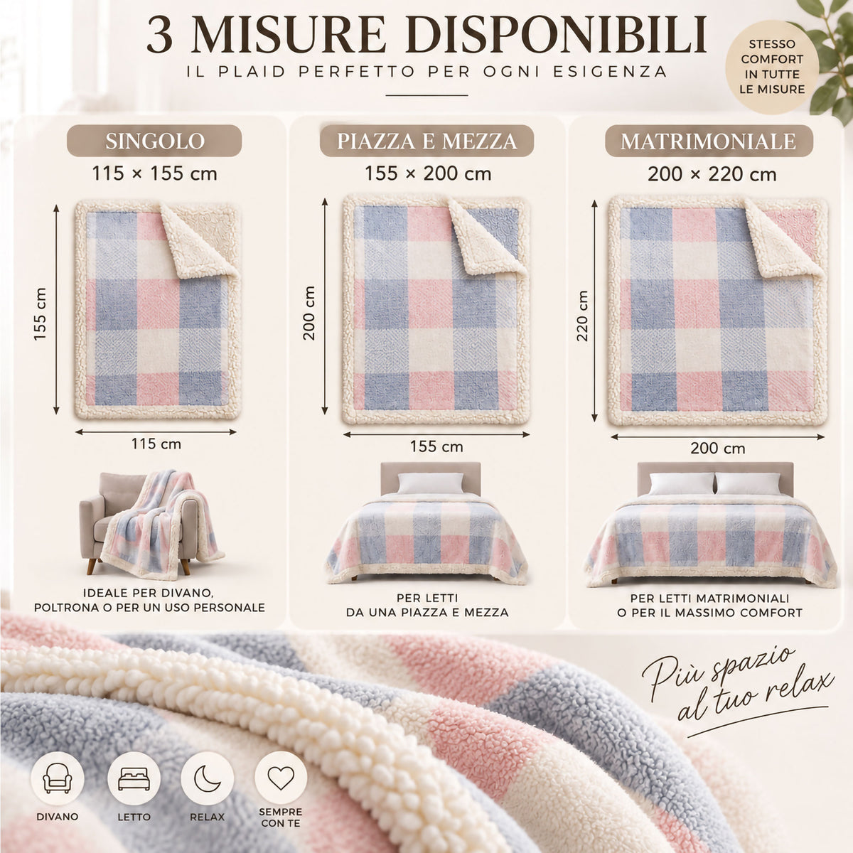 Plaid Flanella con Sherpa Coperta Tinta Unita e Fantasia in varie misure 7180