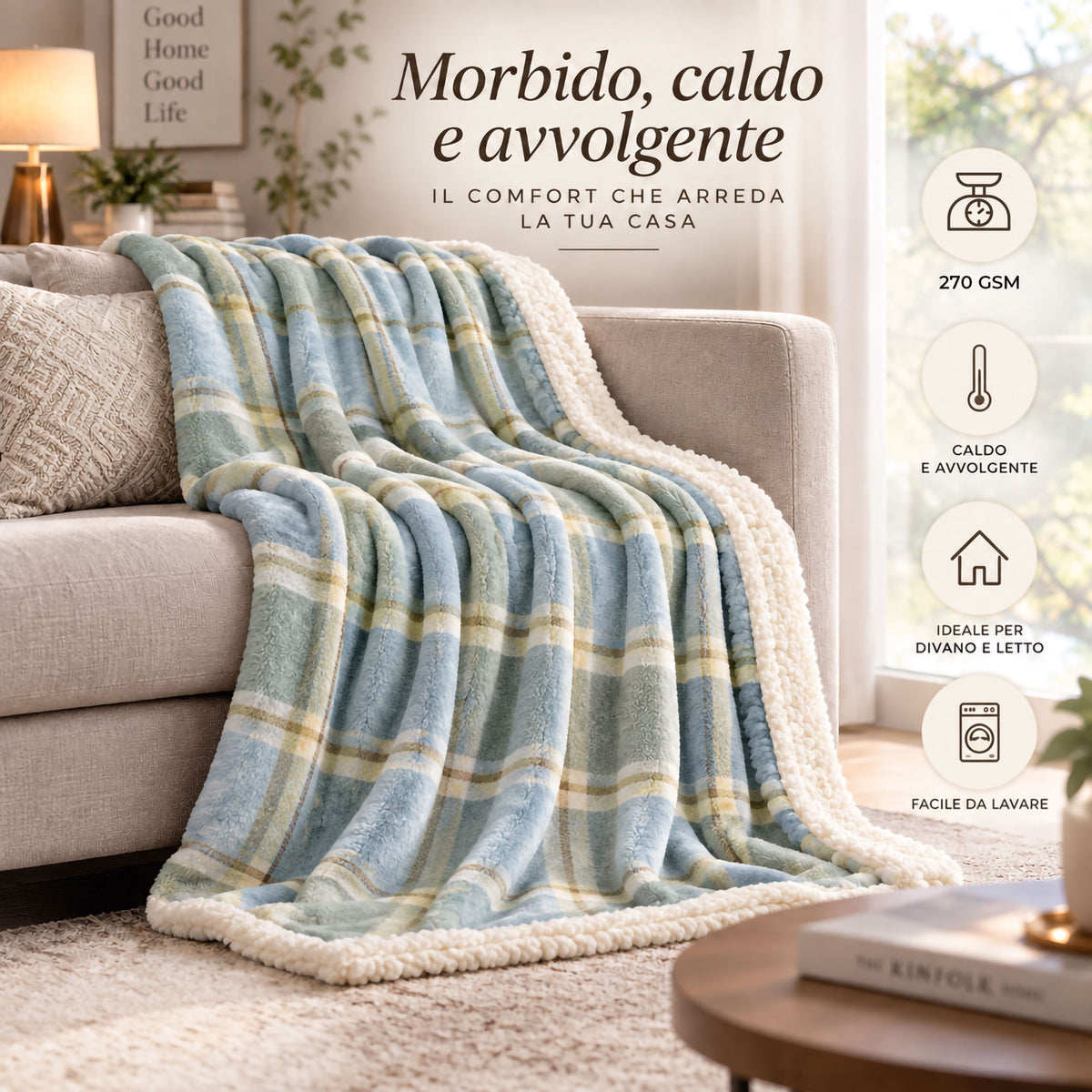 Plaid Flanella con Sherpa Coperta Tinta Unita e Fantasia in varie misure 7180