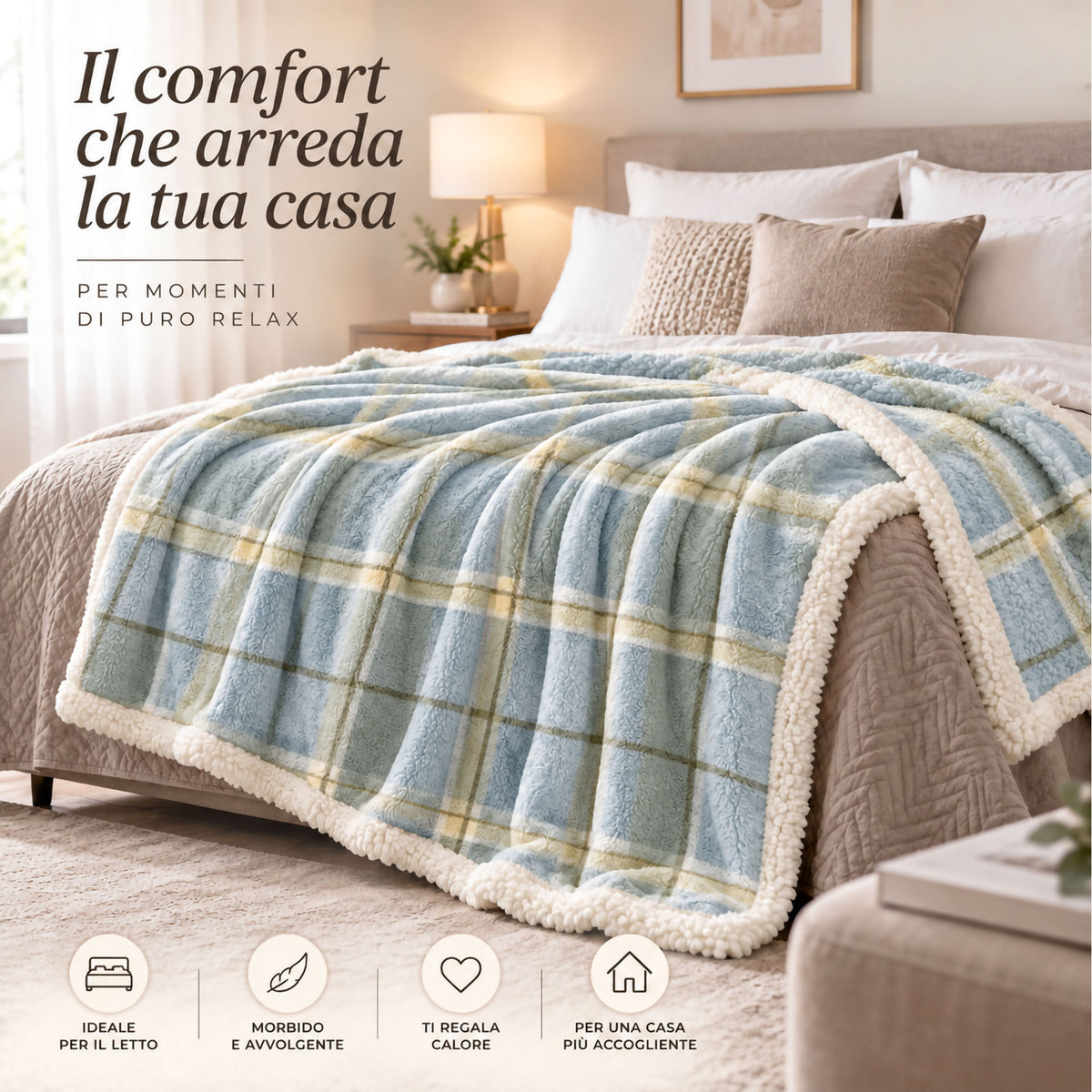 Plaid Flanella con Sherpa Coperta Tinta Unita e Fantasia in varie misure 7180