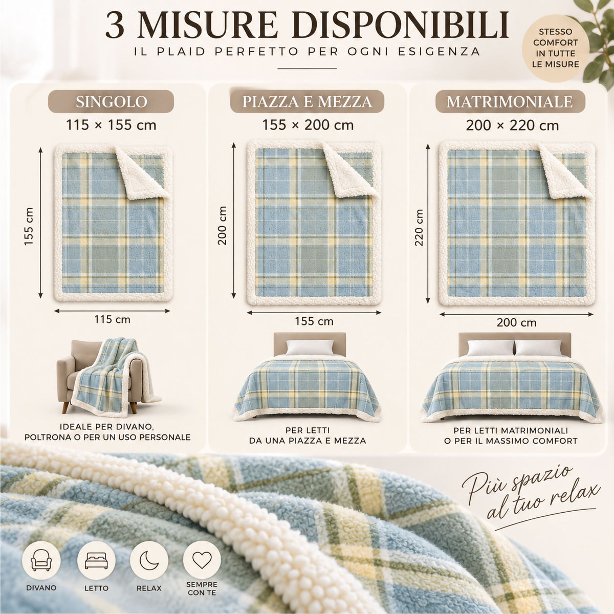 Plaid Flanella con Sherpa Coperta Tinta Unita e Fantasia in varie misure 7180