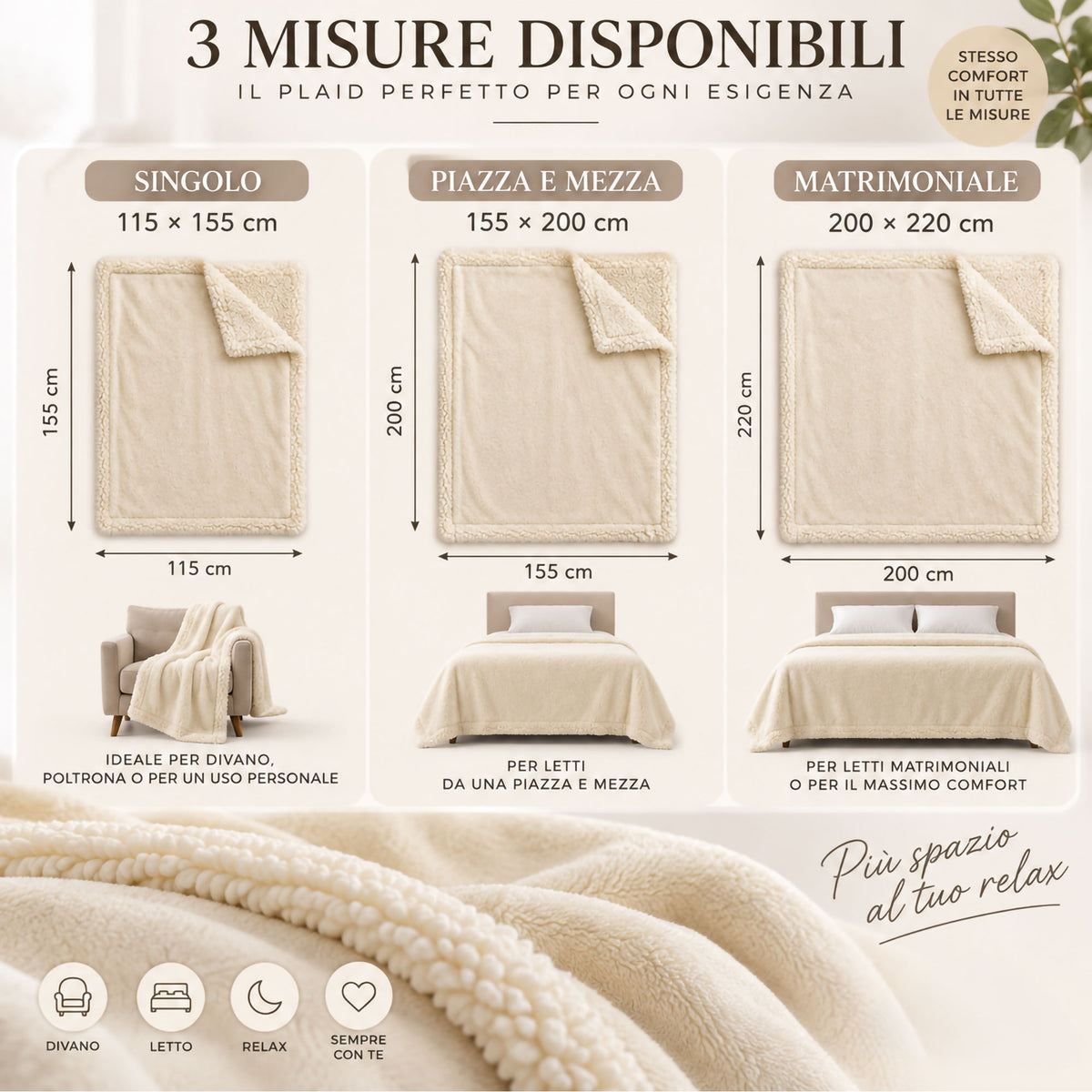 Plaid Flanella con Sherpa Coperta Tinta Unita e Fantasia in varie misure 7180