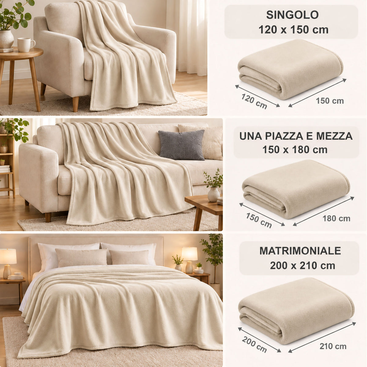 Coperta Plaid in Pile Tinta Unita 250g/m² per divano letto in varie misure 7182