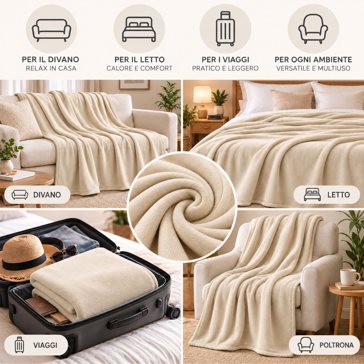 Coperta Plaid in Pile Tinta Unita 250g/m² per divano letto in varie misure 7182