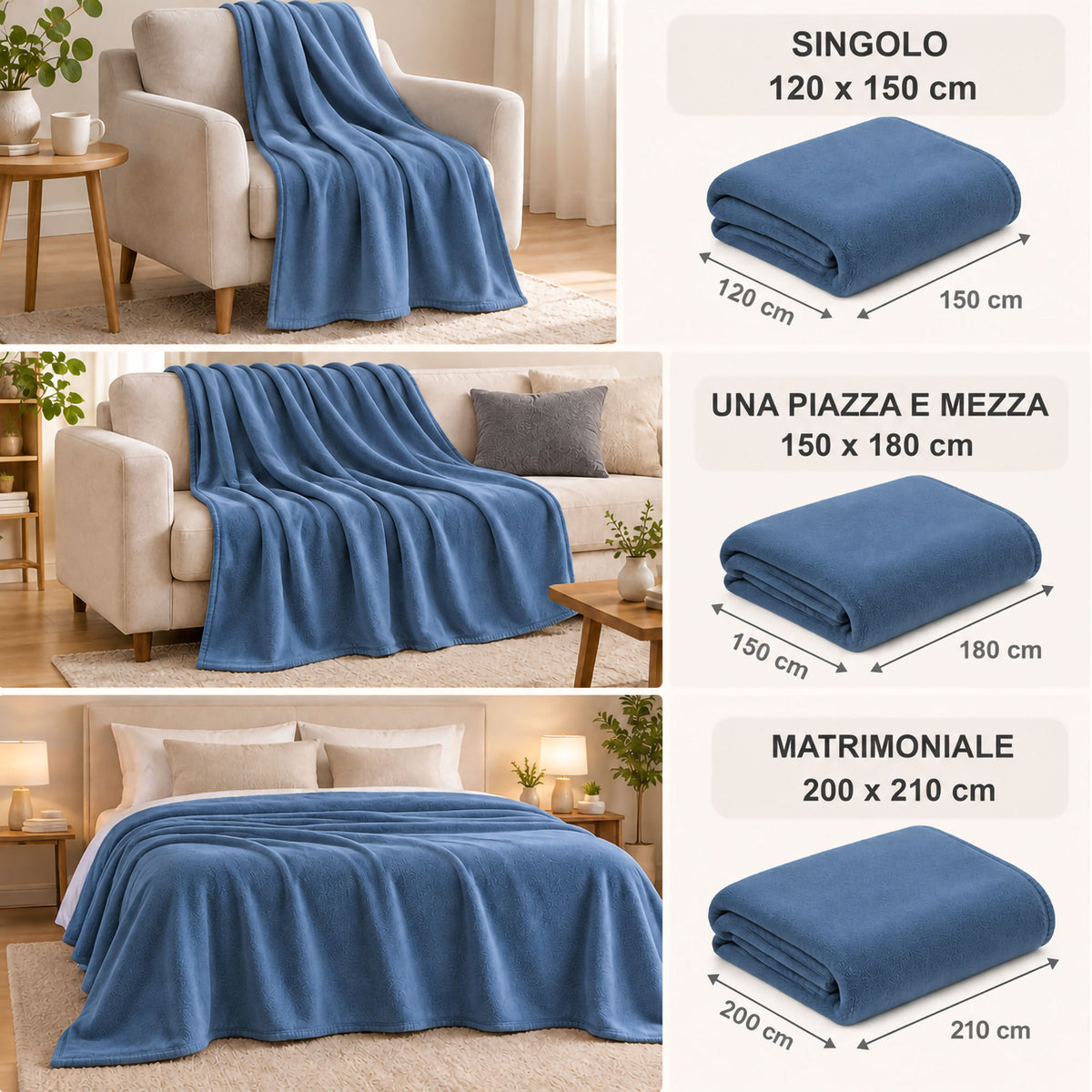 Coperta Plaid in Pile Tinta Unita 250g/m² per divano letto in varie misure 7182