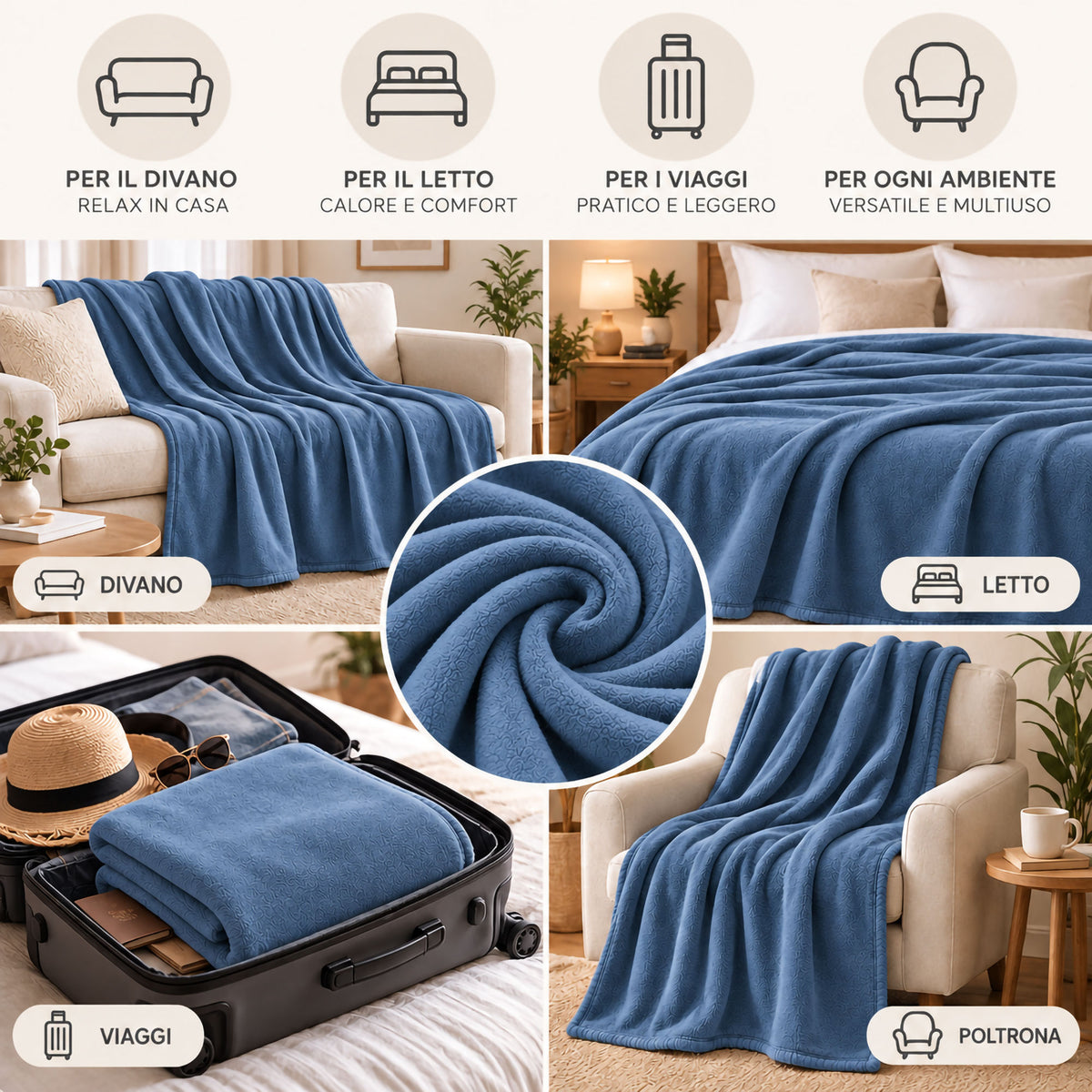 Coperta Plaid in Pile Tinta Unita 250g/m² per divano letto in varie misure 7182
