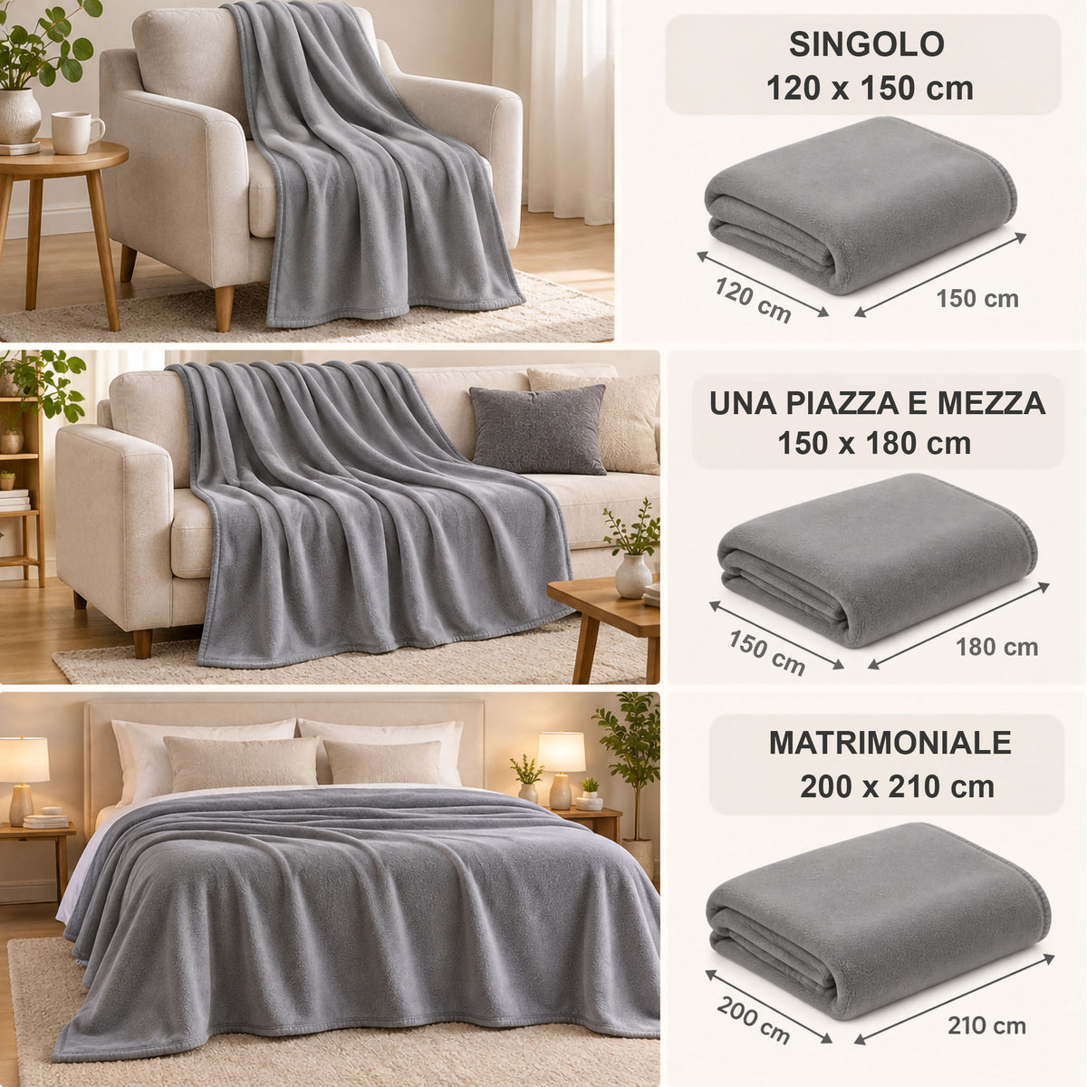 Coperta Plaid in Pile Tinta Unita 250g/m² per divano letto in varie misure 7182