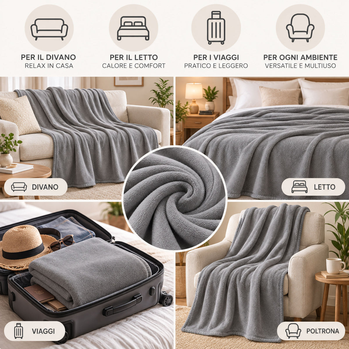 Coperta Plaid in Pile Tinta Unita 250g/m² per divano letto in varie misure 7182