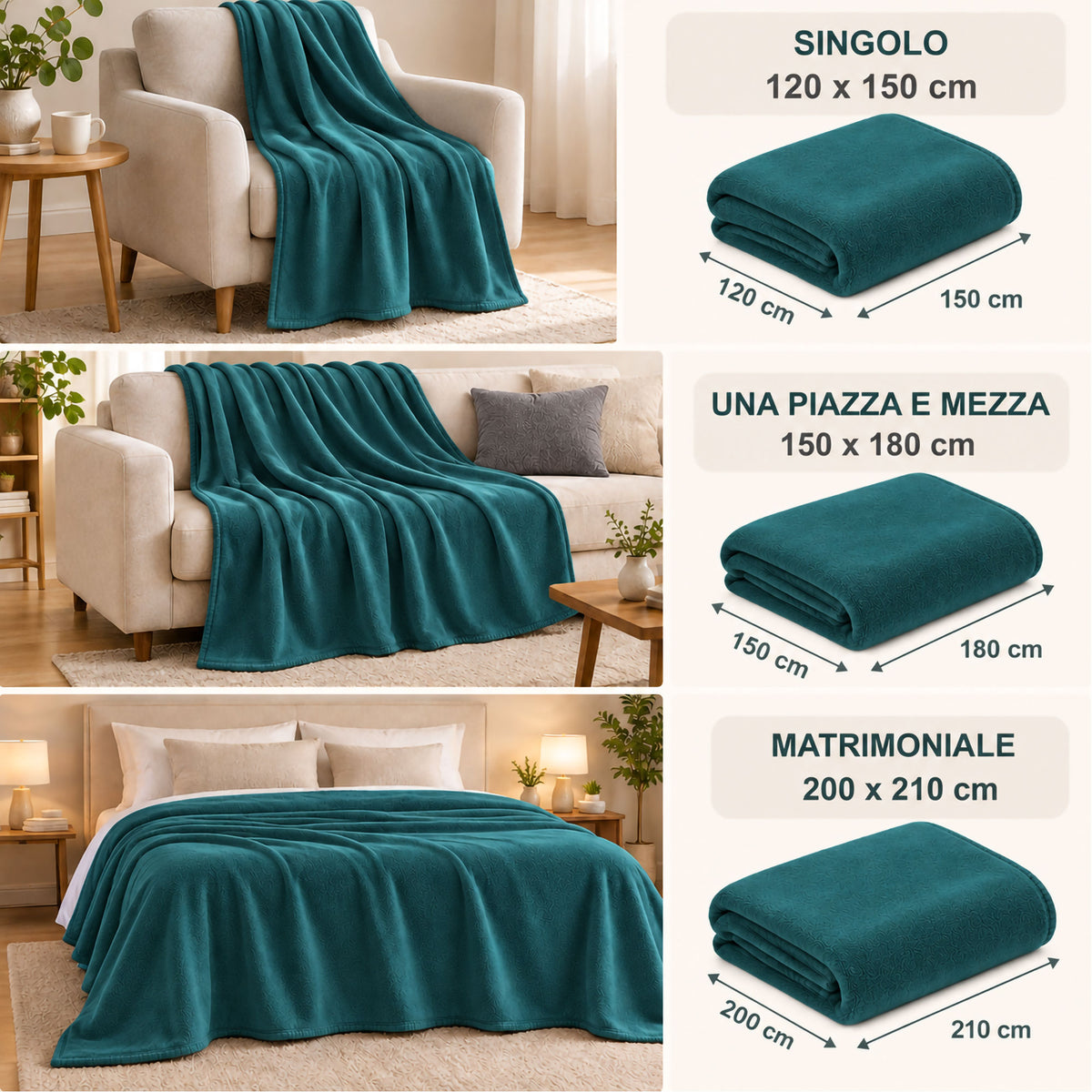 Coperta Plaid in Pile Tinta Unita 250g/m² per divano letto in varie misure 7182