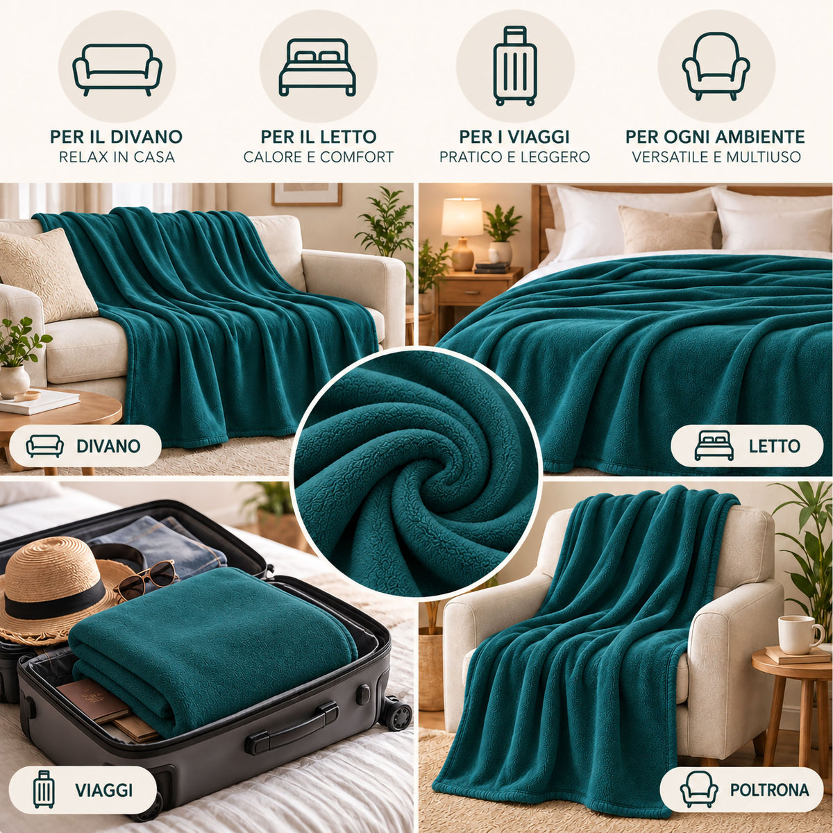 Coperta Plaid in Pile Tinta Unita 250g/m² per divano letto in varie misure 7182