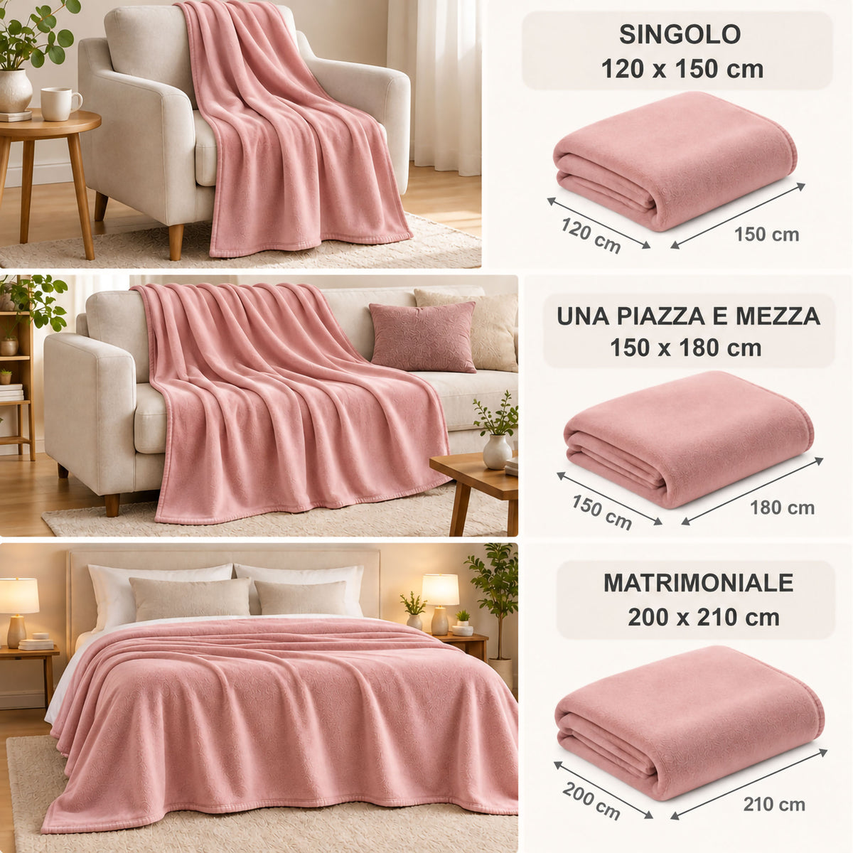Coperta Plaid in Pile Tinta Unita 250g/m² per divano letto in varie misure 7182