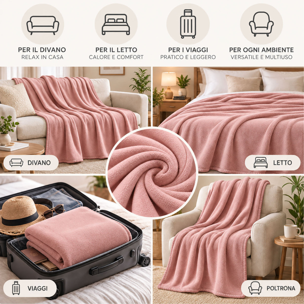 Coperta Plaid in Pile Tinta Unita 250g/m² per divano letto in varie misure 7182